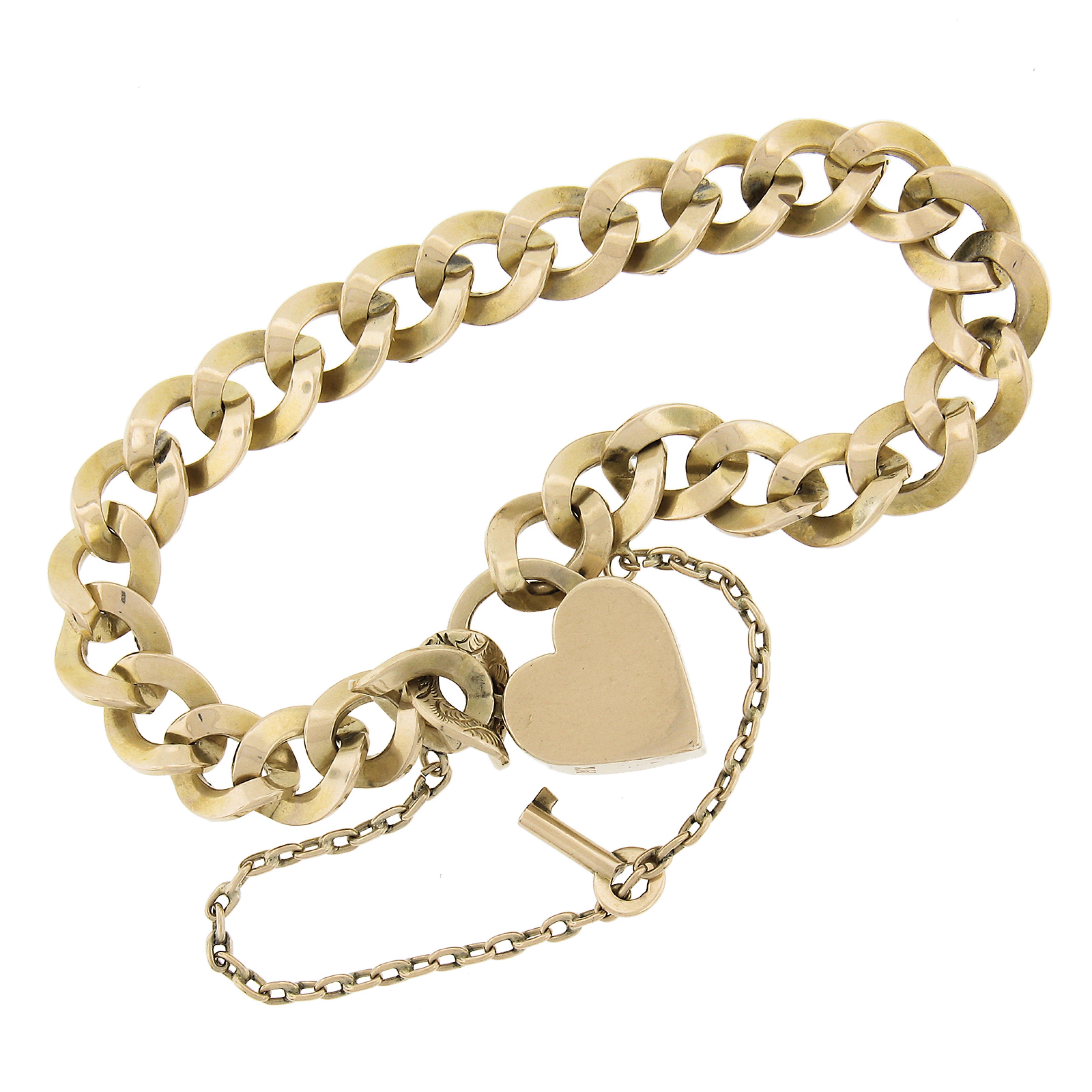 Antique Victorian Solid Gold Curb Link Padlock Heart & Key Lock Bracelet In Excellent Condition In Montclair, NJ