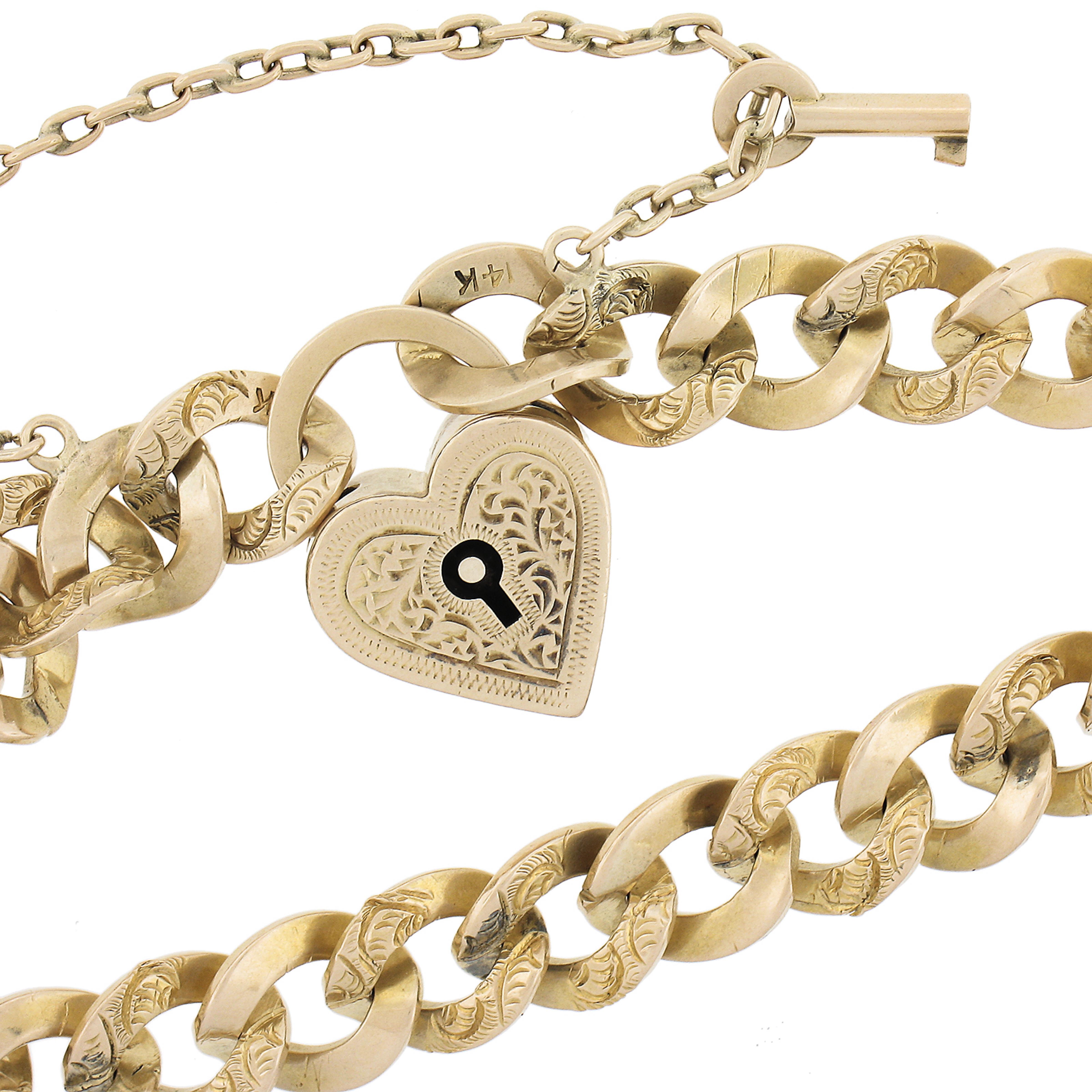 Women's Antique Victorian Solid Gold Curb Link Padlock Heart & Key Lock Bracelet For Sale