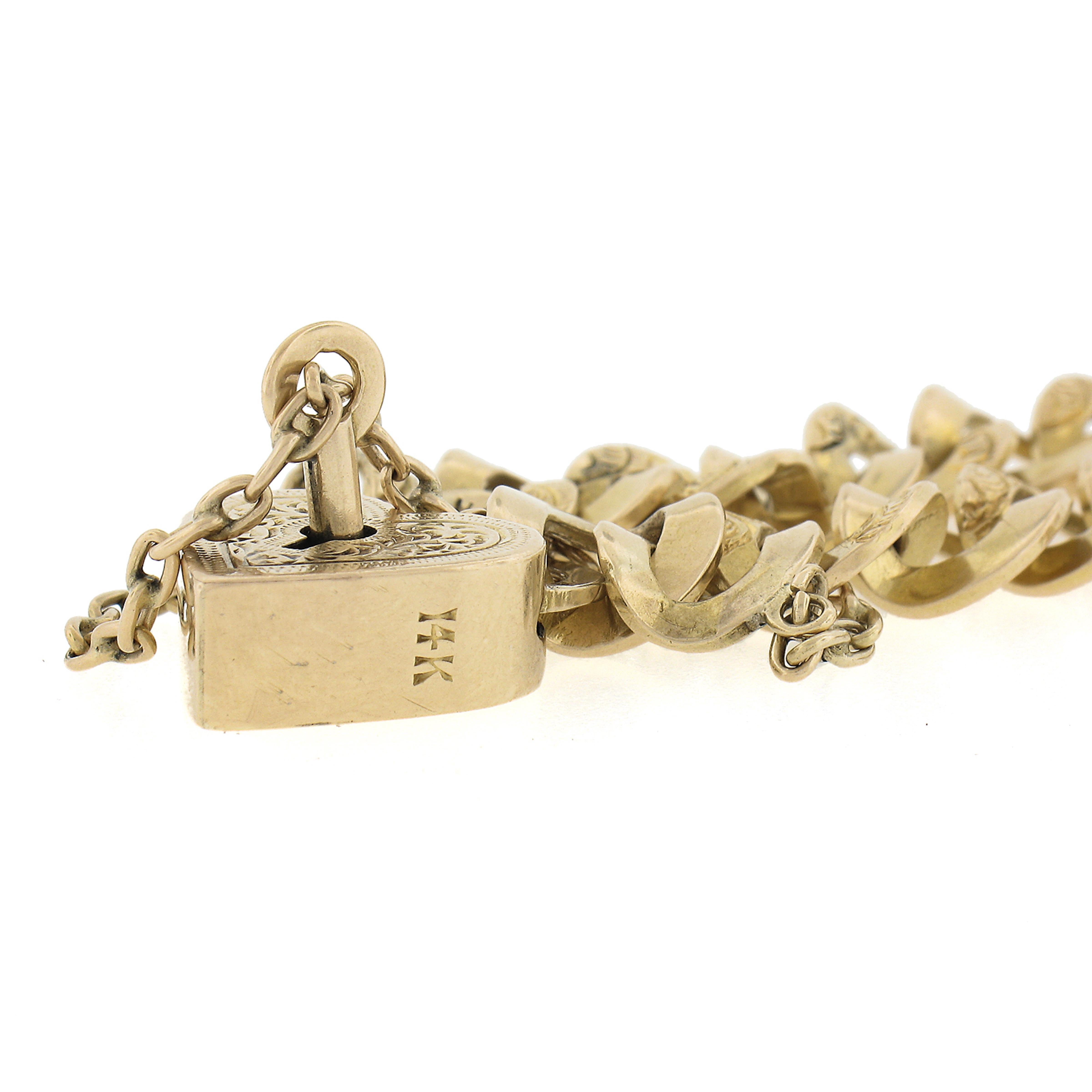 Antique Victorian Solid Gold Curb Link Padlock Heart & Key Lock Bracelet 1