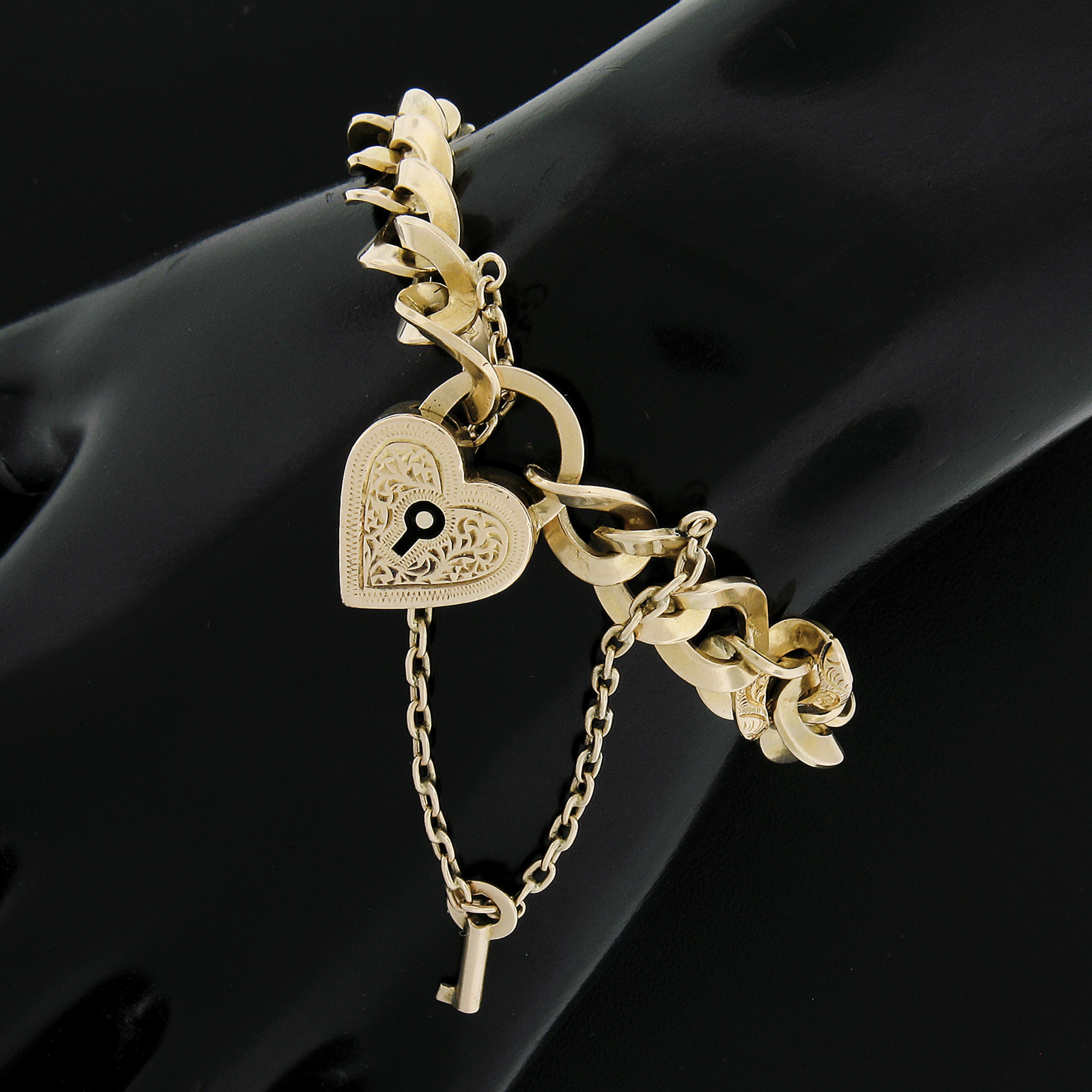 Antique Victorian Solid Gold Curb Link Padlock Heart & Key Lock Bracelet 2