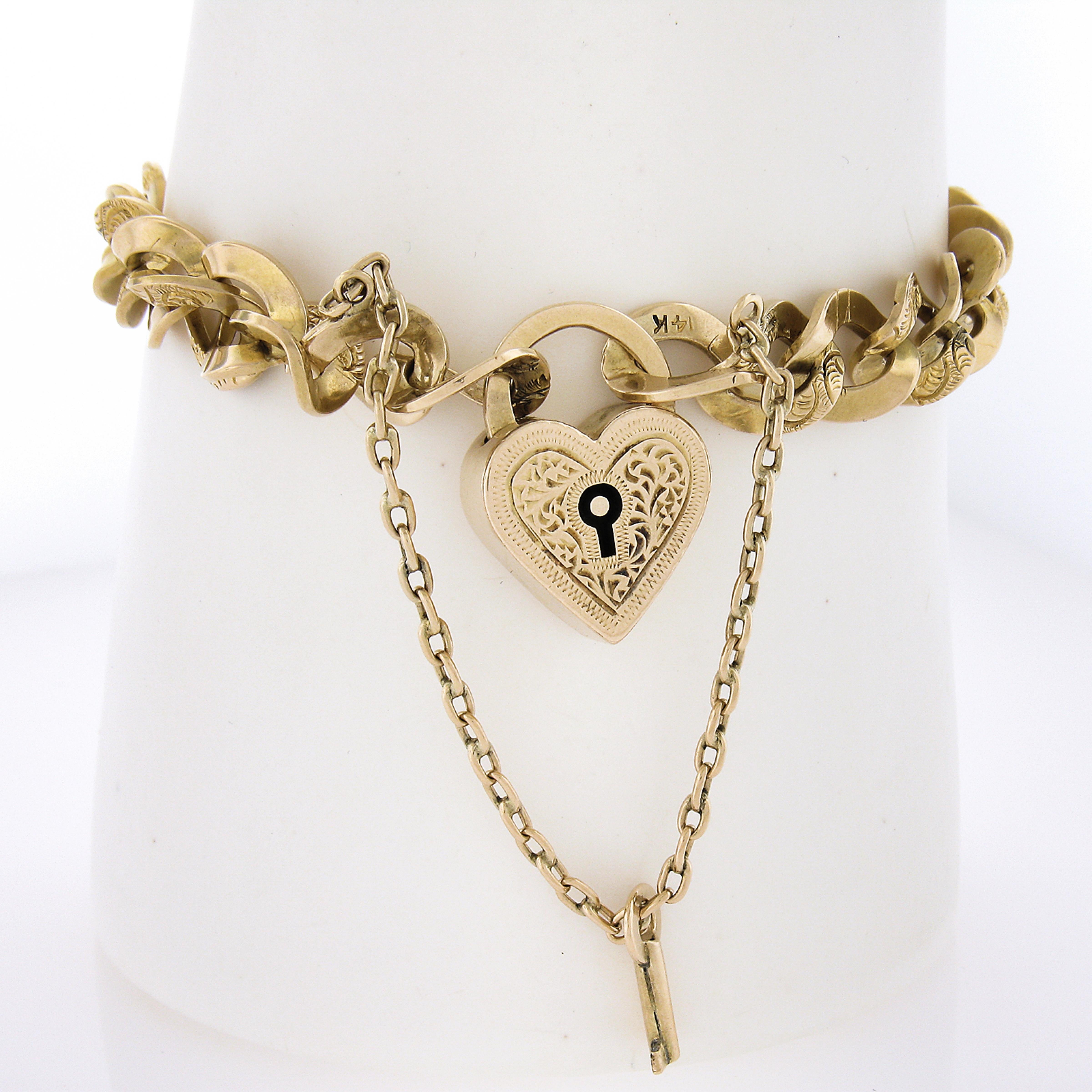 Antique Victorian Solid Gold Curb Link Padlock Heart & Key Lock Bracelet For Sale 3