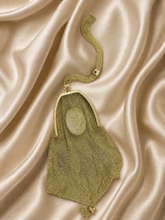 Antique Victorian Solid Gold Engraved Wheat Pattern Coin Mesh Purse w/ Mirror