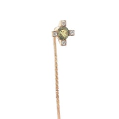 Antique Victorian Solid Gold Green Chrysoberyl Old Cut Diamond Target Stick Pin