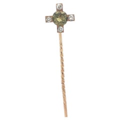 Antique Victorian Solid Gold Green Chrysoberyl Old Cut Diamond Target Stick Pin
