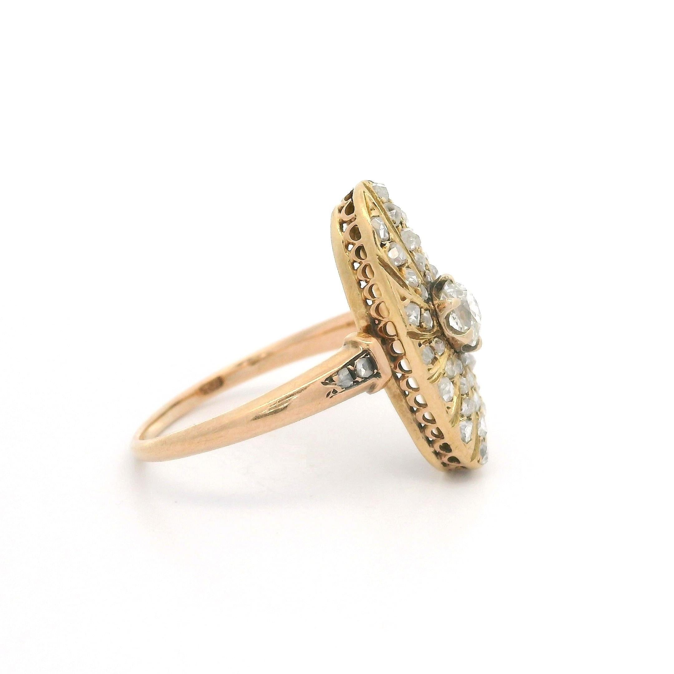 Antique Victorian Solid Gold Old Mine Rose Cut Diamond Oval Swirl Platter Ring For Sale 5