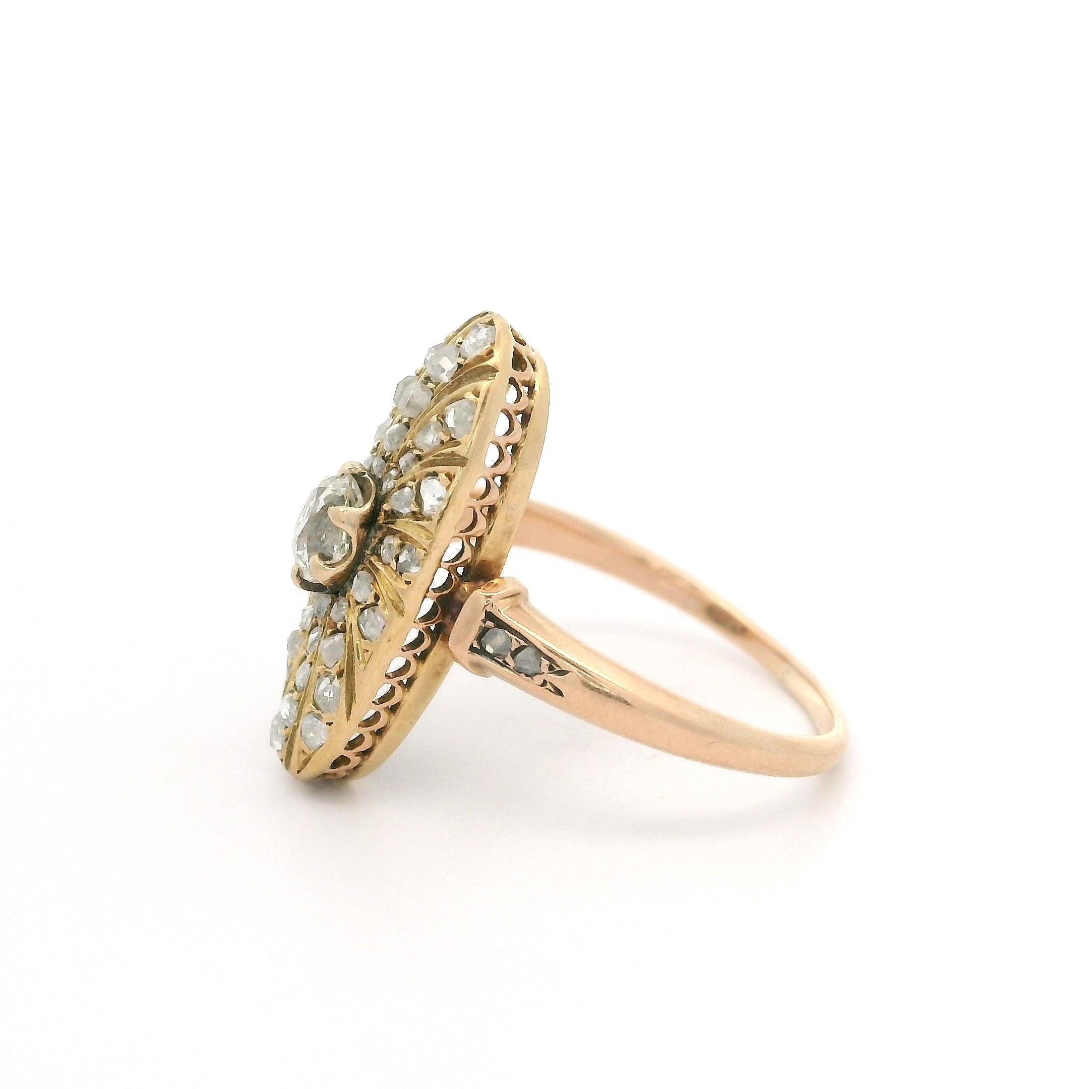 Antique Victorian Solid Gold Old Mine Rose Cut Diamond Oval Swirl Platter Ring For Sale 6