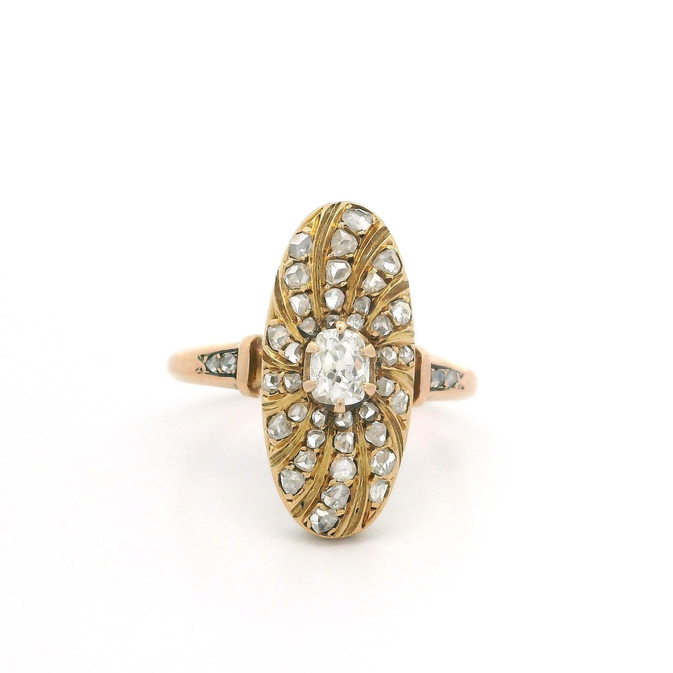 Antique Victorian Solid Gold Old Mine Rose Cut Diamond Oval Swirl Platter Ring For Sale 8