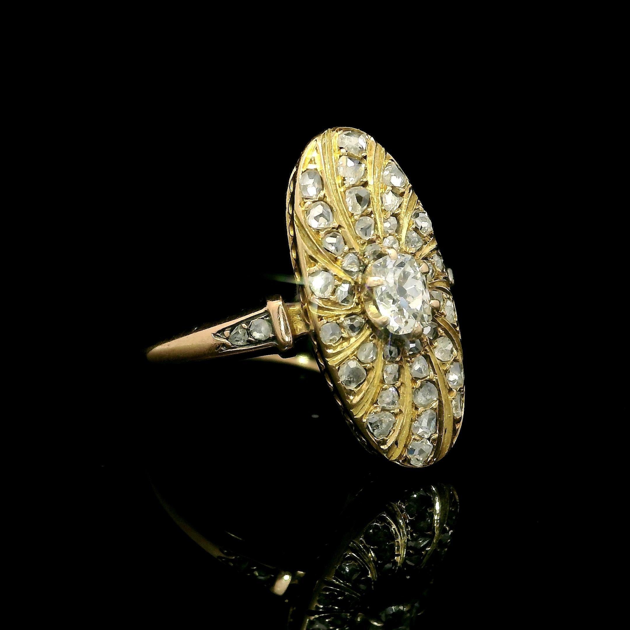 --Stone(s):--
Numerous Natural Genuine Diamonds - Ole Mine Cut Center & Old Rose Cut - Prong & Pave Set
Total Carat Weight: 0.75 (approx.)

Material: Solid 18K Yellow Gold
Weight: 4.06 Grams
Ring Size: 7.5 (Fitted on a finger. We can custom size