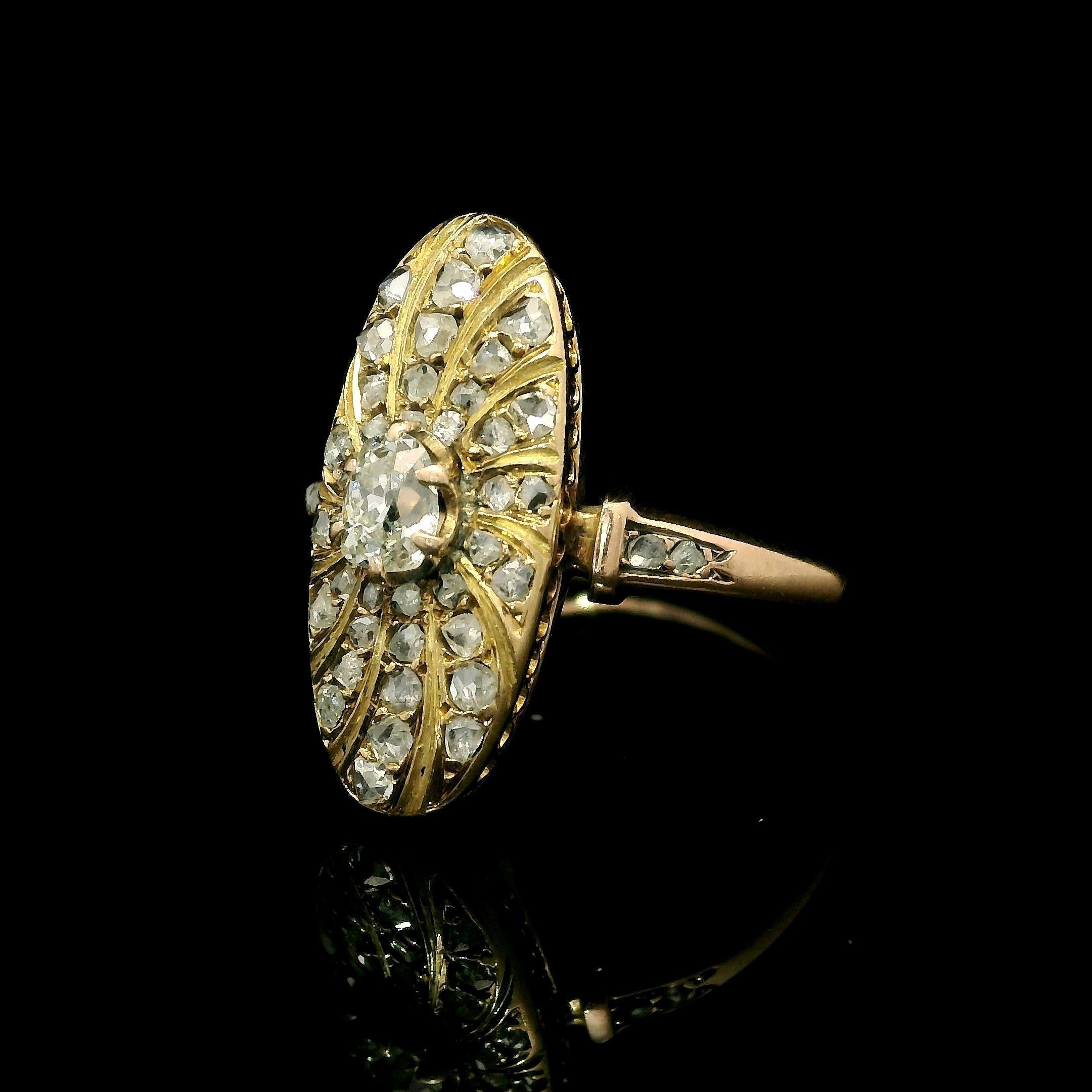 Old Mine Cut Antique Victorian Solid Gold Old Mine Rose Cut Diamond Oval Swirl Platter Ring For Sale