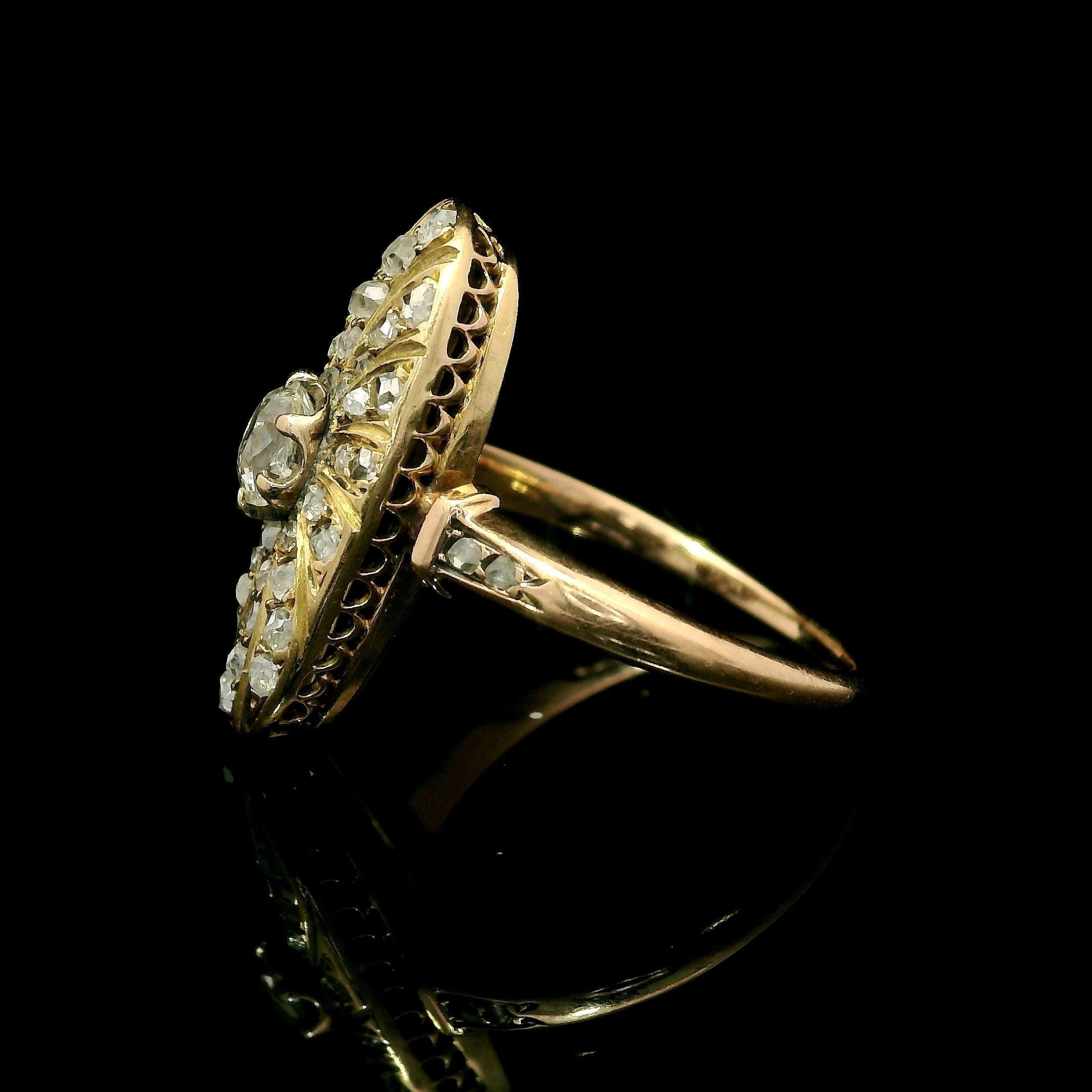Antique Victorian Solid Gold Old Mine Rose Cut Diamond Oval Swirl Platter Ring In Good Condition For Sale In Montclair, NJ
