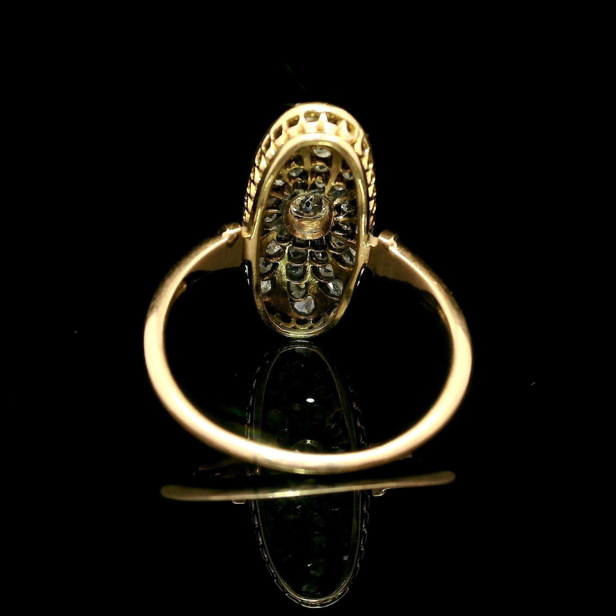 Women's Antique Victorian Solid Gold Old Mine Rose Cut Diamond Oval Swirl Platter Ring For Sale