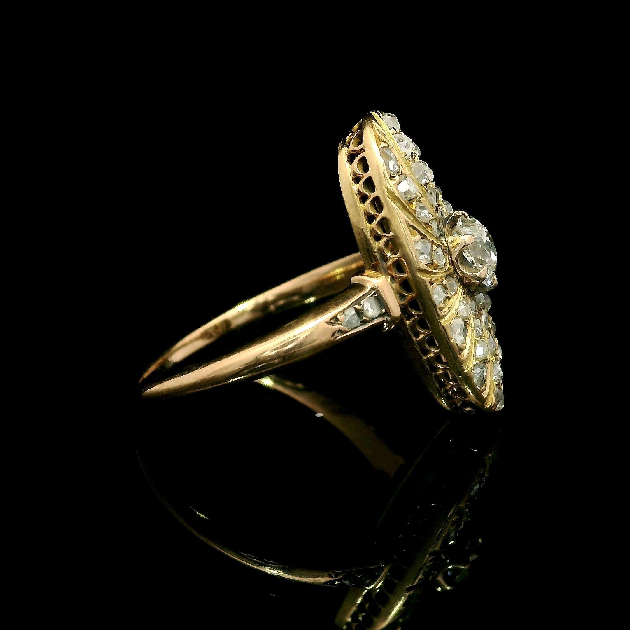 Antique Victorian Solid Gold Old Mine Rose Cut Diamond Oval Swirl Platter Ring For Sale 1