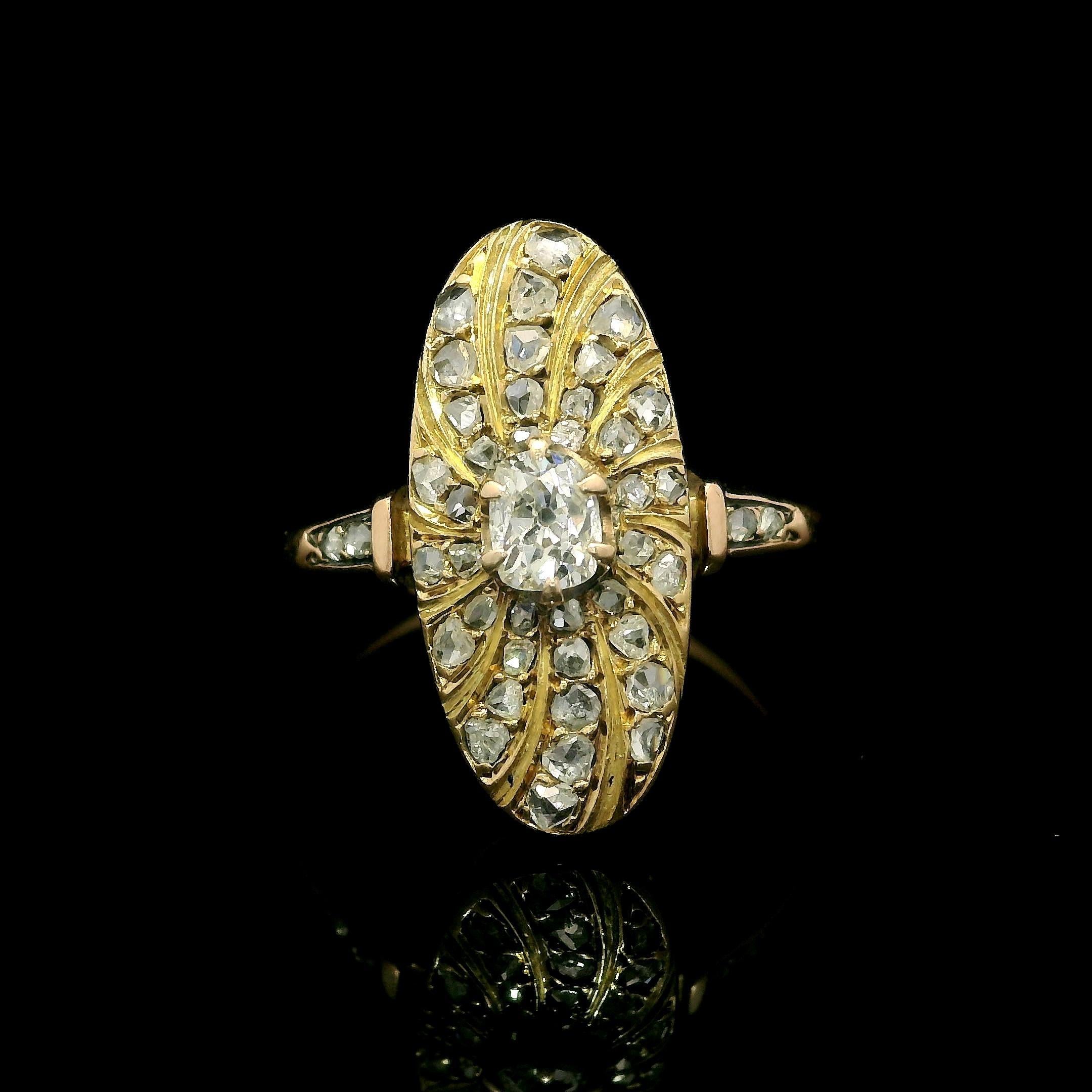 Antique Victorian Solid Gold Old Mine Rose Cut Diamond Oval Swirl Platter Ring For Sale 2