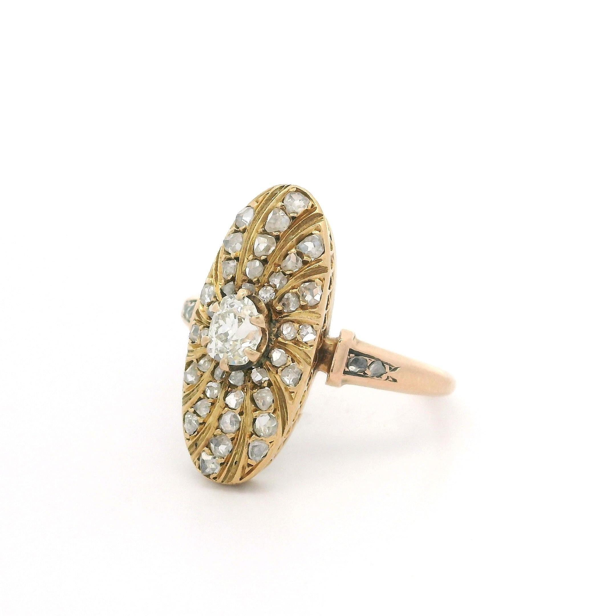 Antique Victorian Solid Gold Old Mine Rose Cut Diamond Oval Swirl Platter Ring For Sale 3