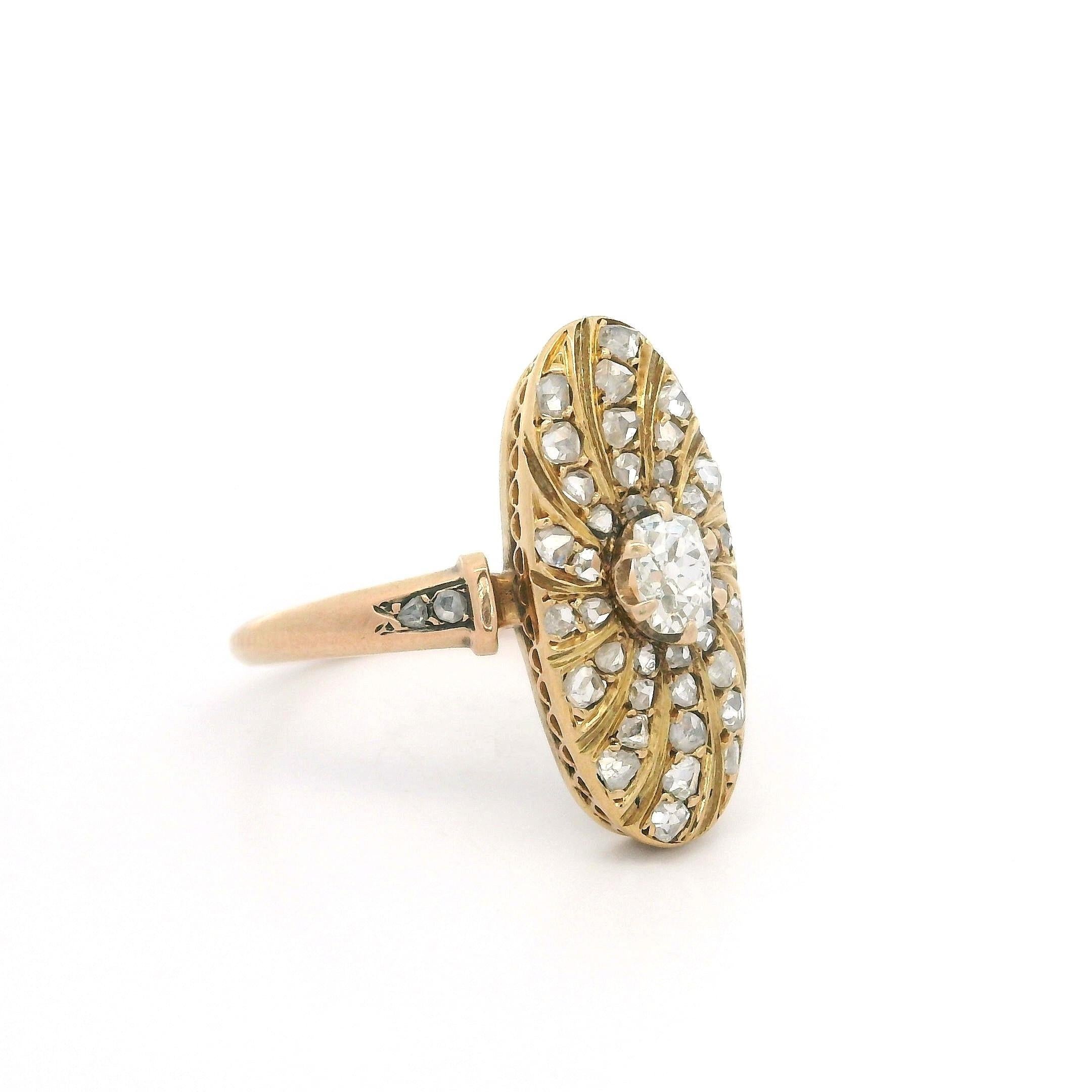 Antique Victorian Solid Gold Old Mine Rose Cut Diamond Oval Swirl Platter Ring For Sale 4