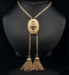 Antique Victorian Solid Gold Pearl Black Enamel Mourning Necklace Dangle Tassels