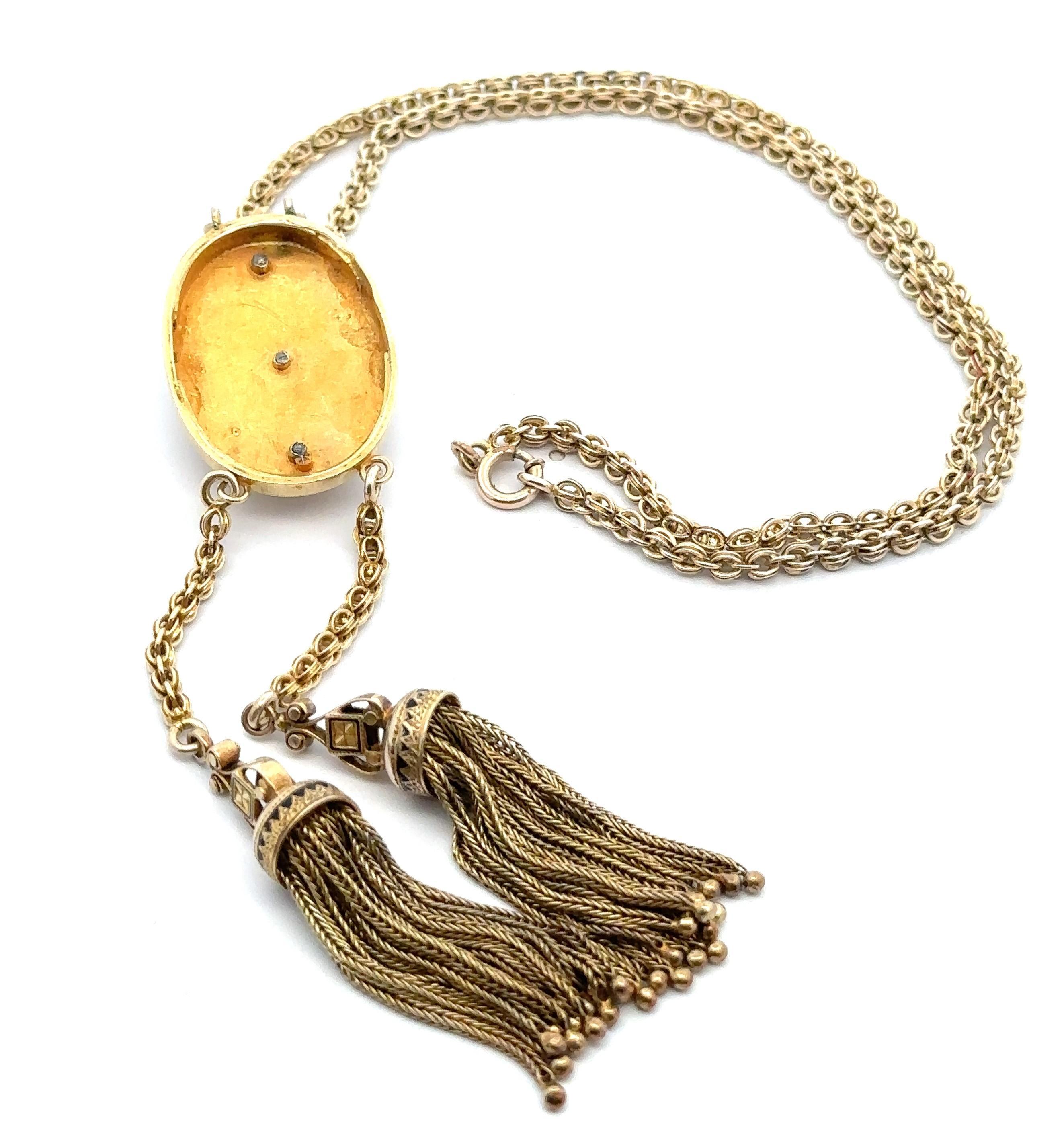 Antica collana vittoriana in oro massiccio con perle e smalto nero, collana a lutto con nappe pendenti In condizioni buone in vendita a Montclair, NJ
