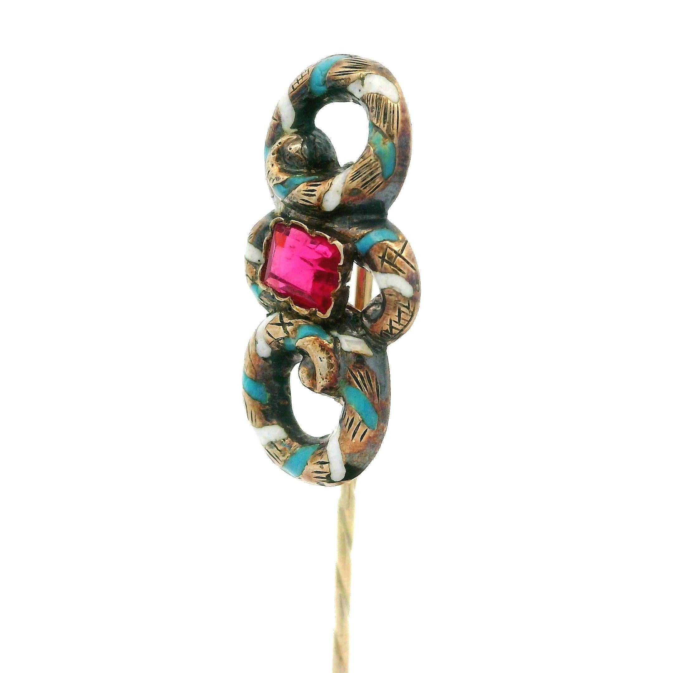 –Stone(s)–
(1) Red Stone - Rectangular Cut - Slightly Pinkish Red Color - Bezel Set - 4.8x3.5mm (approx.)

Material: Solid 14k Yellow & Rosy Yellow Gold w/ White & Blue Enamel Work
Weight: 1.51 Grams
Overall Height: 57.8mm (2.2