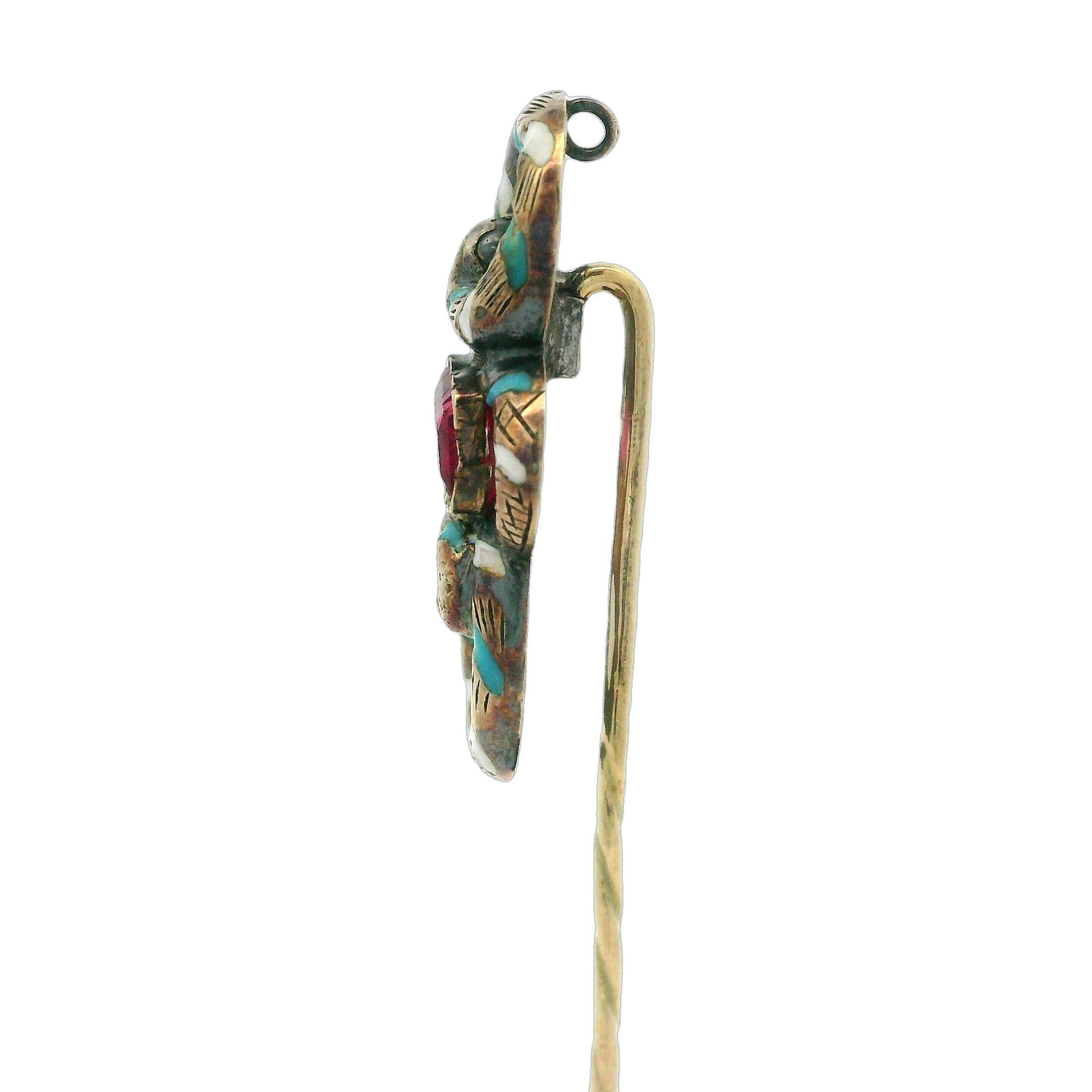 Antique Victorian Solid Gold Red Stone w/ Enamel Work Coiled Snake Stick Pin In Good Condition For Sale In Montclair, NJ