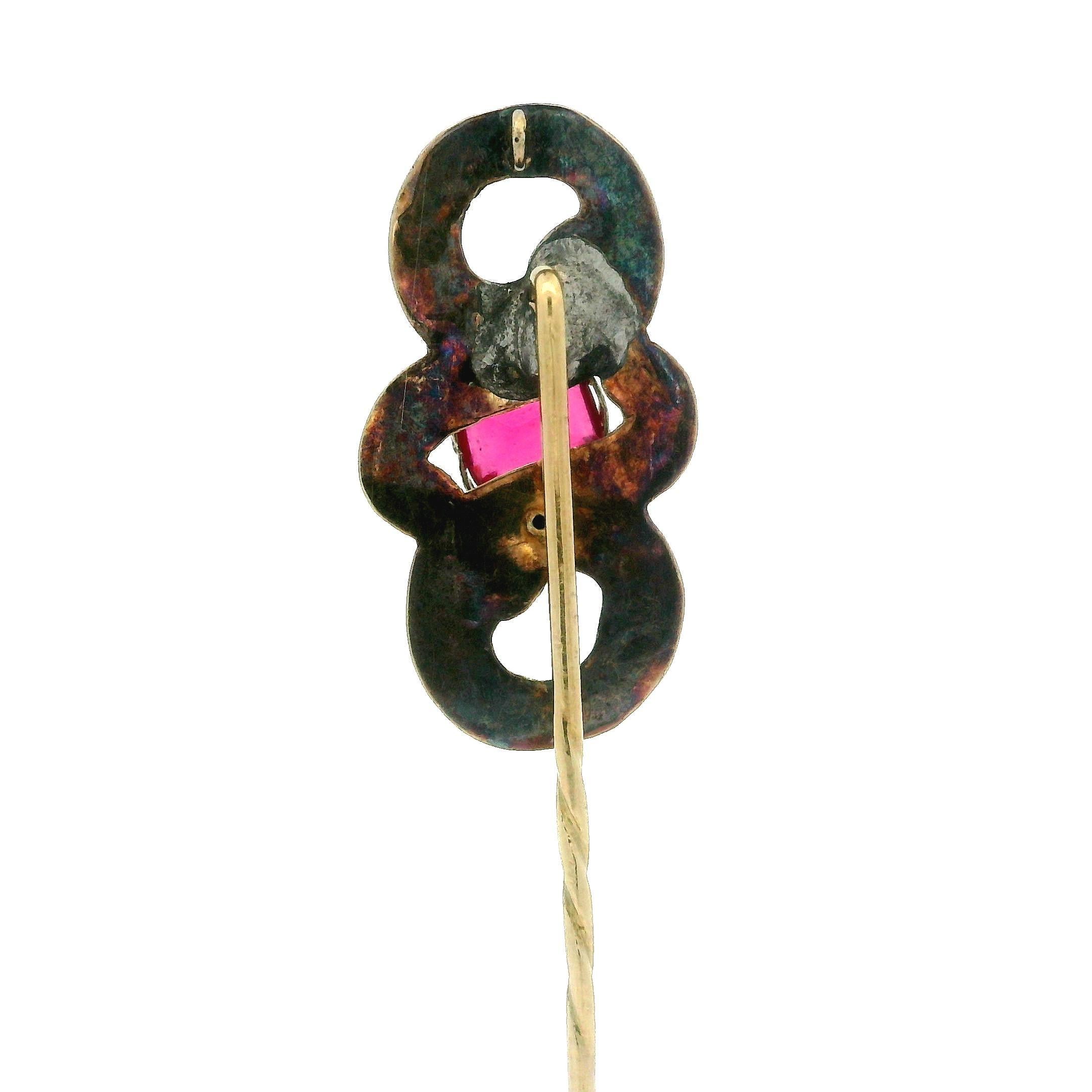 Women's Antique Victorian Solid Gold Red Stone w/ Enamel Work Coiled Snake Stick Pin For Sale