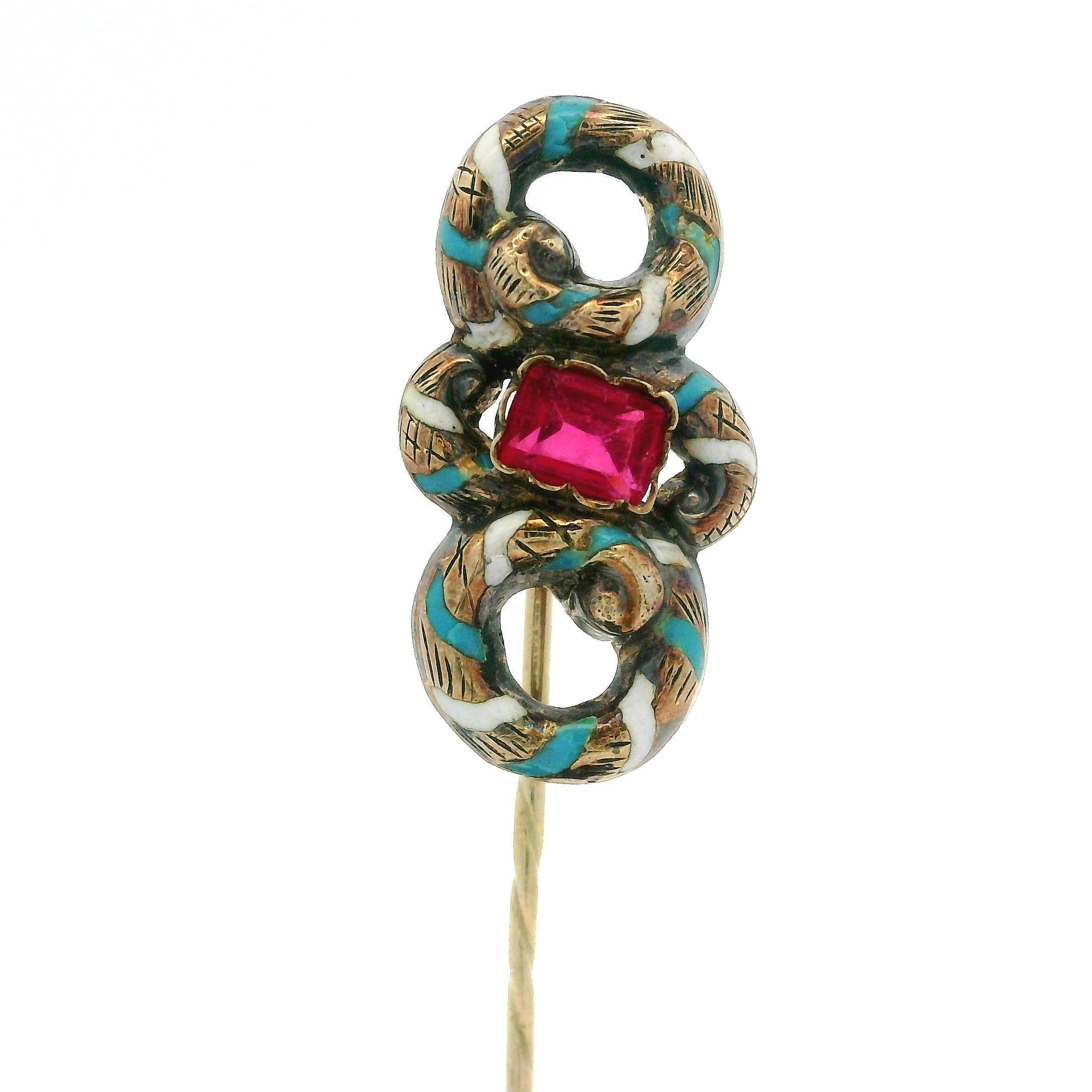 Antique Victorian Solid Gold Red Stone w/ Enamel Work Coiled Snake Stick Pin For Sale 1