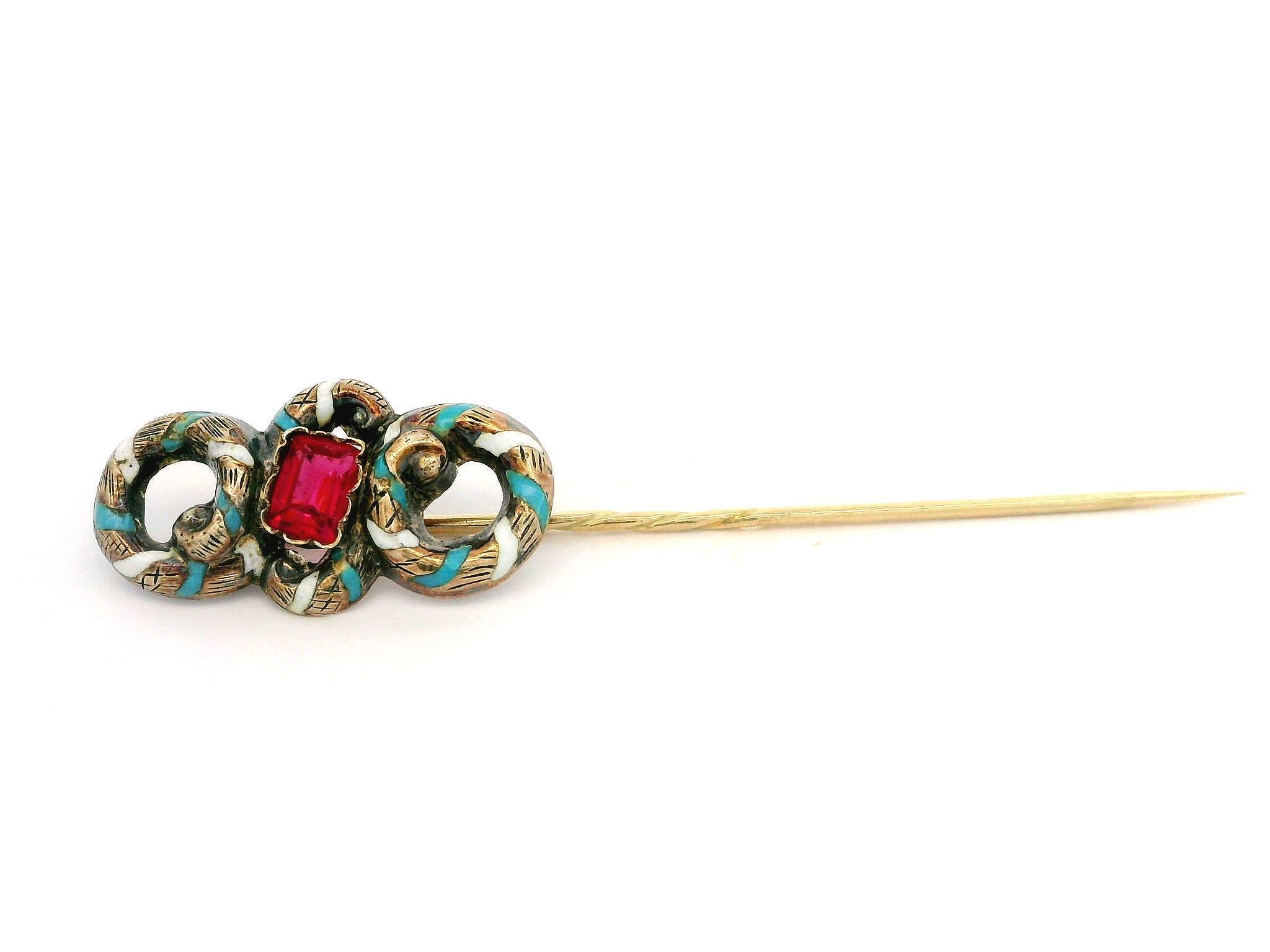 Antique Victorian Solid Gold Red Stone w/ Enamel Work Coiled Snake Stick Pin For Sale 2
