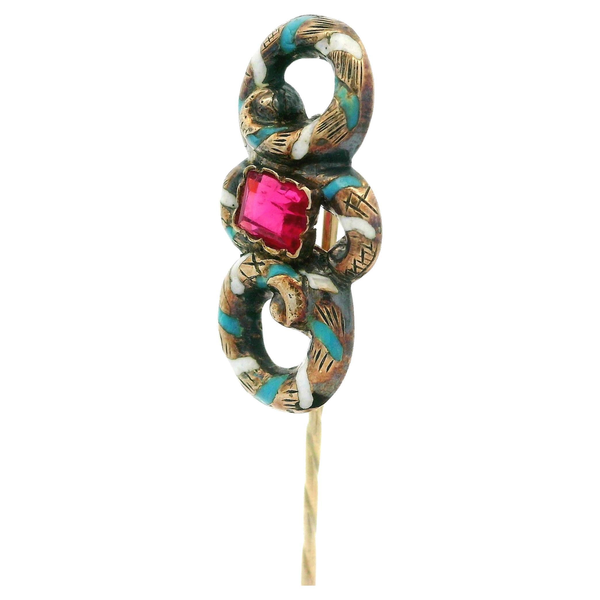 Antique Victorian Solid Gold Red Stone w/ Enamel Work Coiled Snake Stick Pin