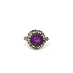 Antique Victorian Solid Gold Round Amethyst Old Rose Cut Diamond Halo Ring