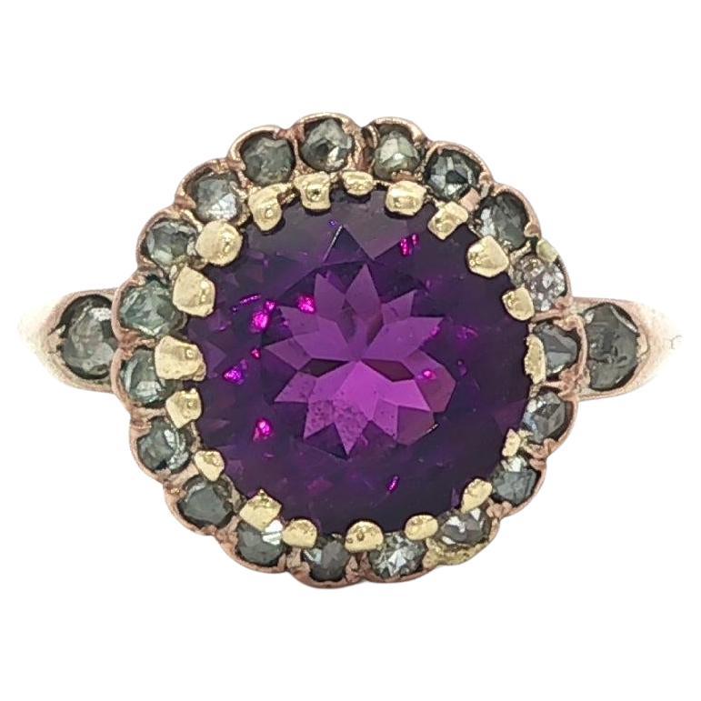 Antico anello vittoriano in oro massiccio con ametista rotonda e diamante taglio rosa antico