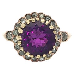 Antique Victorian Solid Gold Round Amethyst Old Rose Cut Diamond Halo Ring