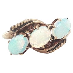 Antique Victorian Solid Rosy Yellow Gold Opal Beaded Work 3 Stone Ring