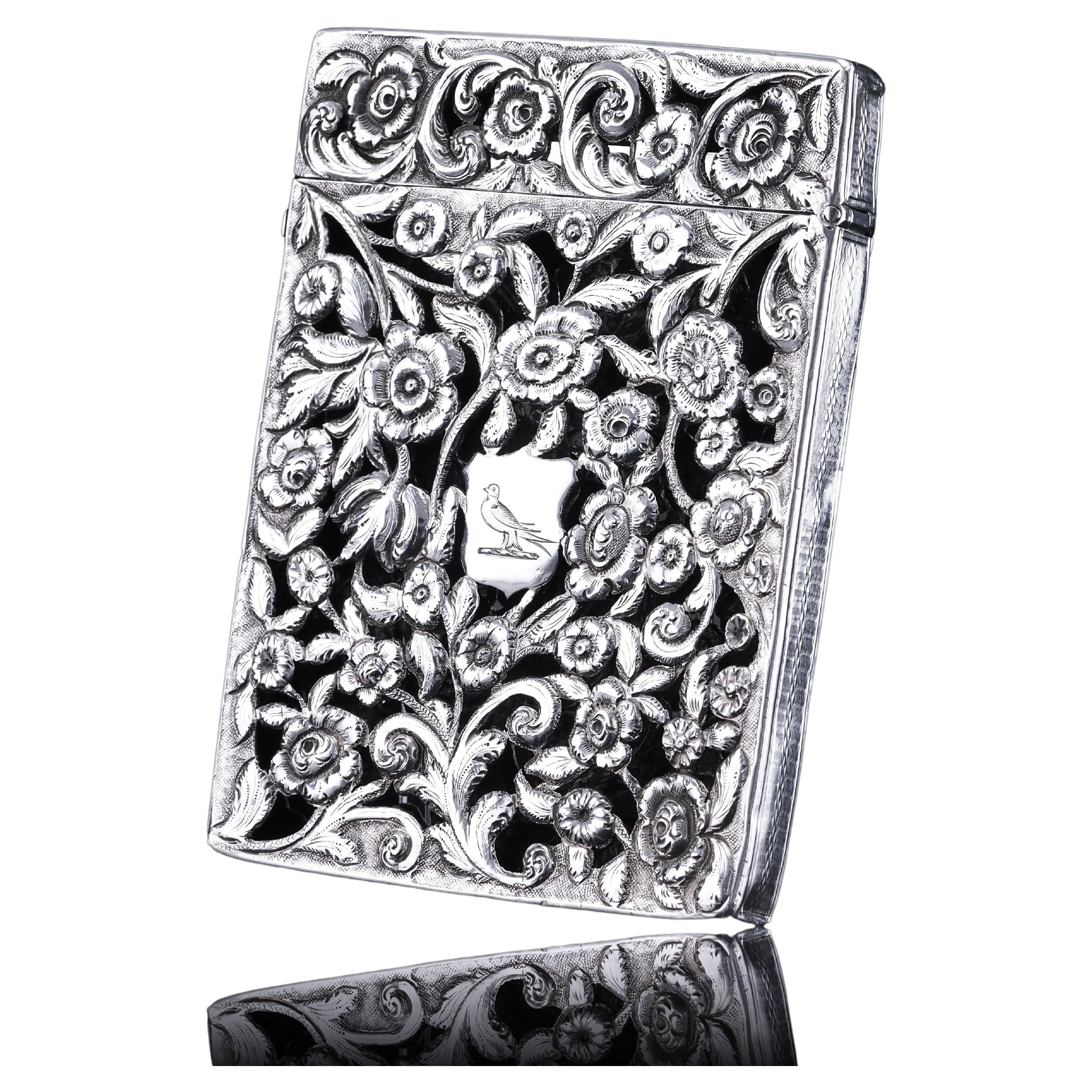 Antiguo tarjetero victoriano de plata maciza Piercing floral Francis Clark 1839