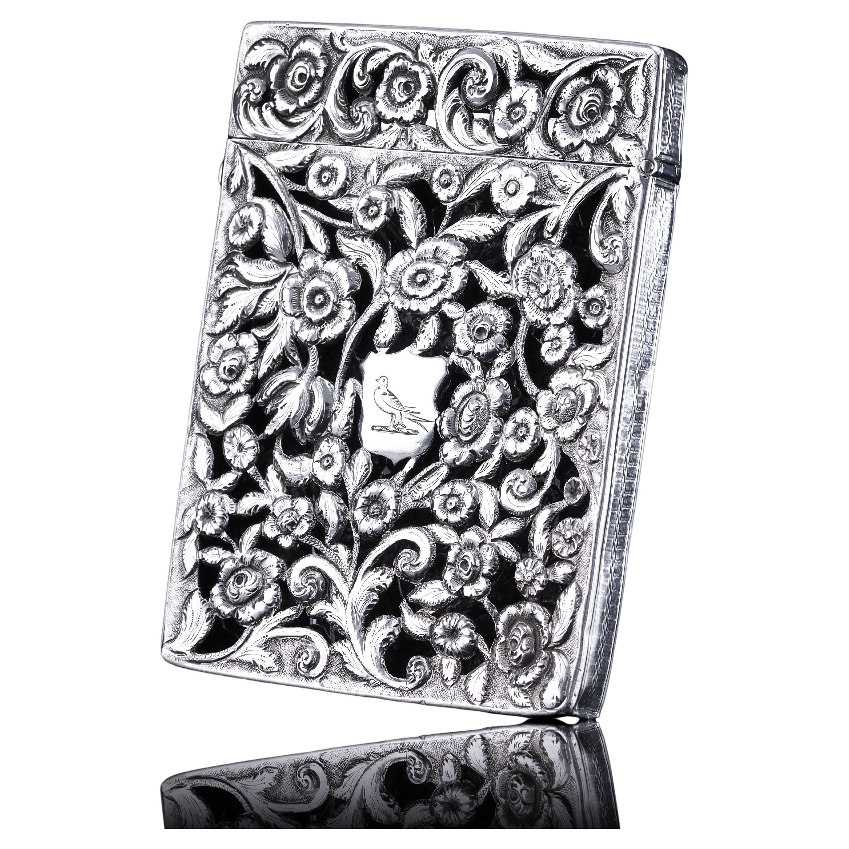 Antique Victorian Solid Silver Card Case with Floral Chased Motif