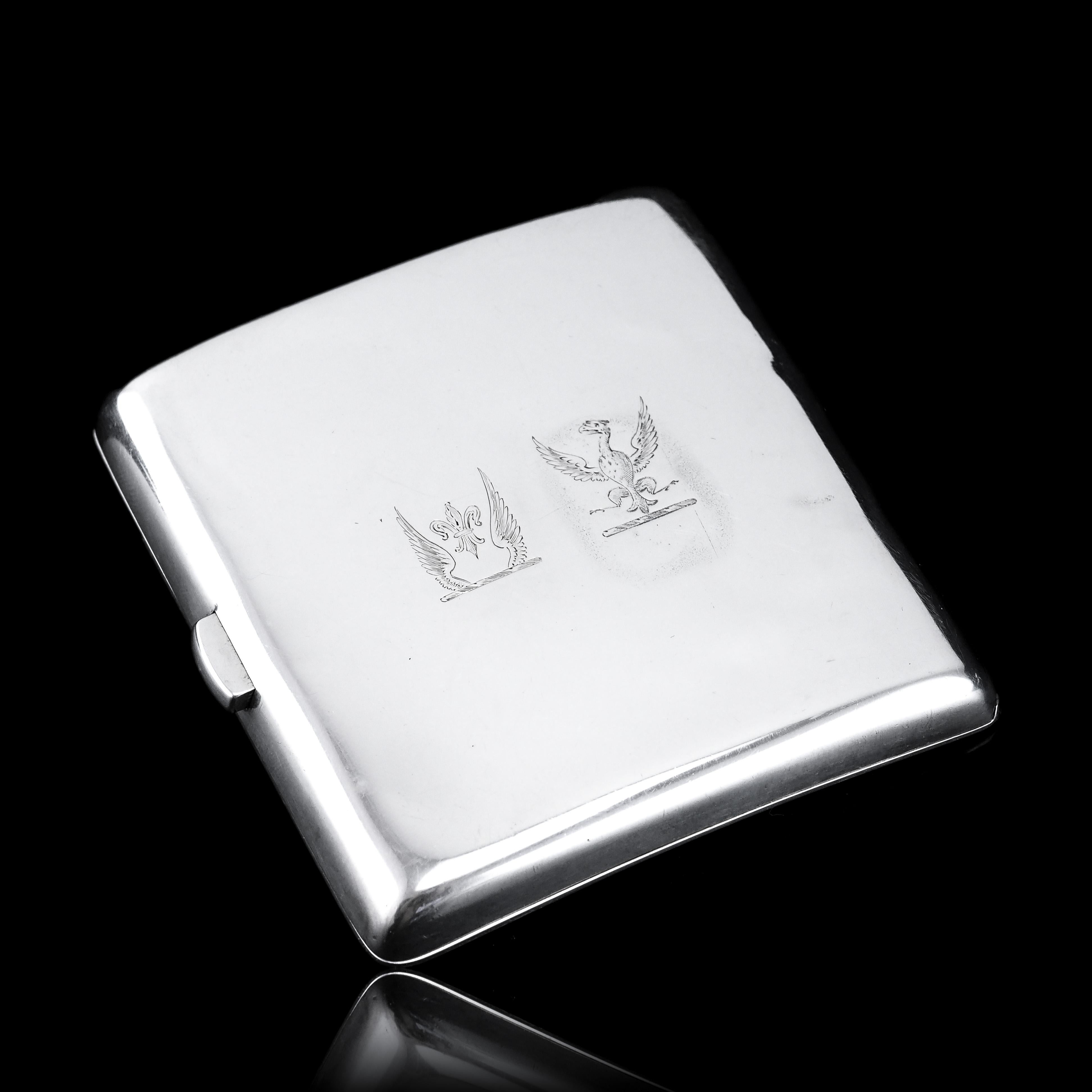 Antique Victorian Solid Silver Cigarette Case Curved & Crested - London 1894 For Sale 11