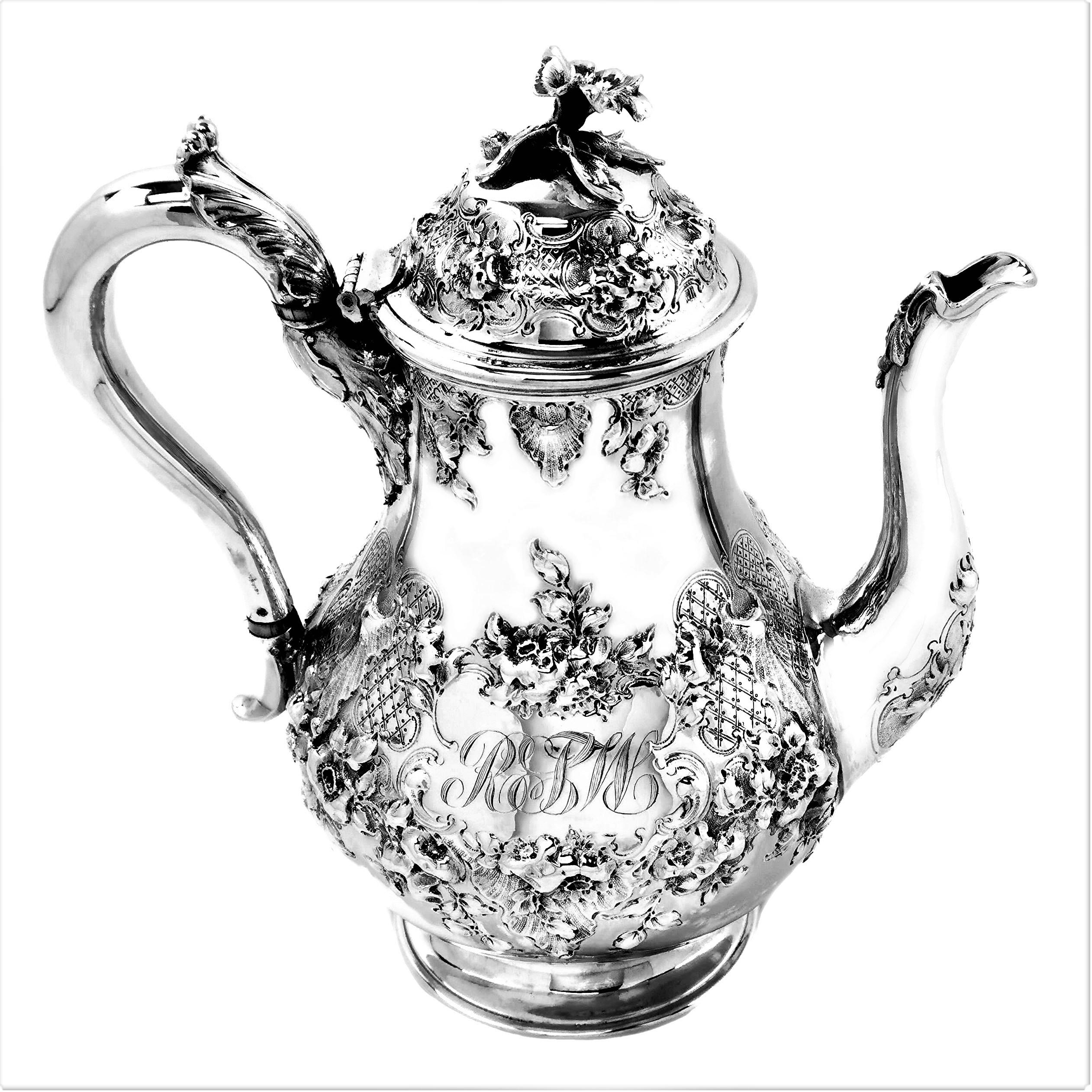 English Antique Victorian Solid Silver Four-Piece Tea and Coffee Set, 1856