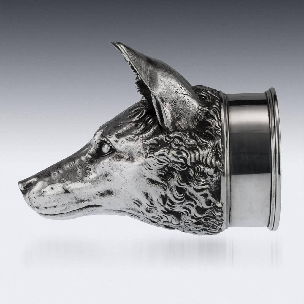 Antique 19th century Victorian solid silver stirrup cup, the head realistically cast as a fox with ears pricked, richly gilt interior, plain collar with a step boarder. Victorian stirrup cups modelled as foxes are extremely rare and sought,