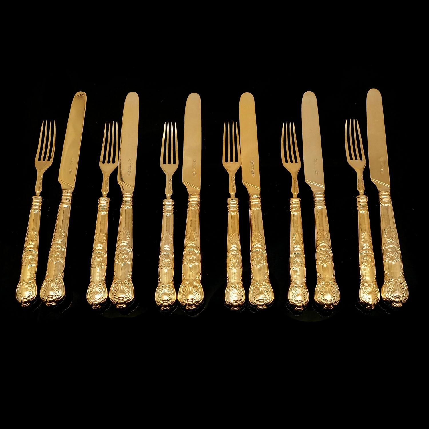 19th Century Antique Victorian Solid Silver Gilt Fruit/Dessert Knives & Forks Set of 6, 1839 For Sale