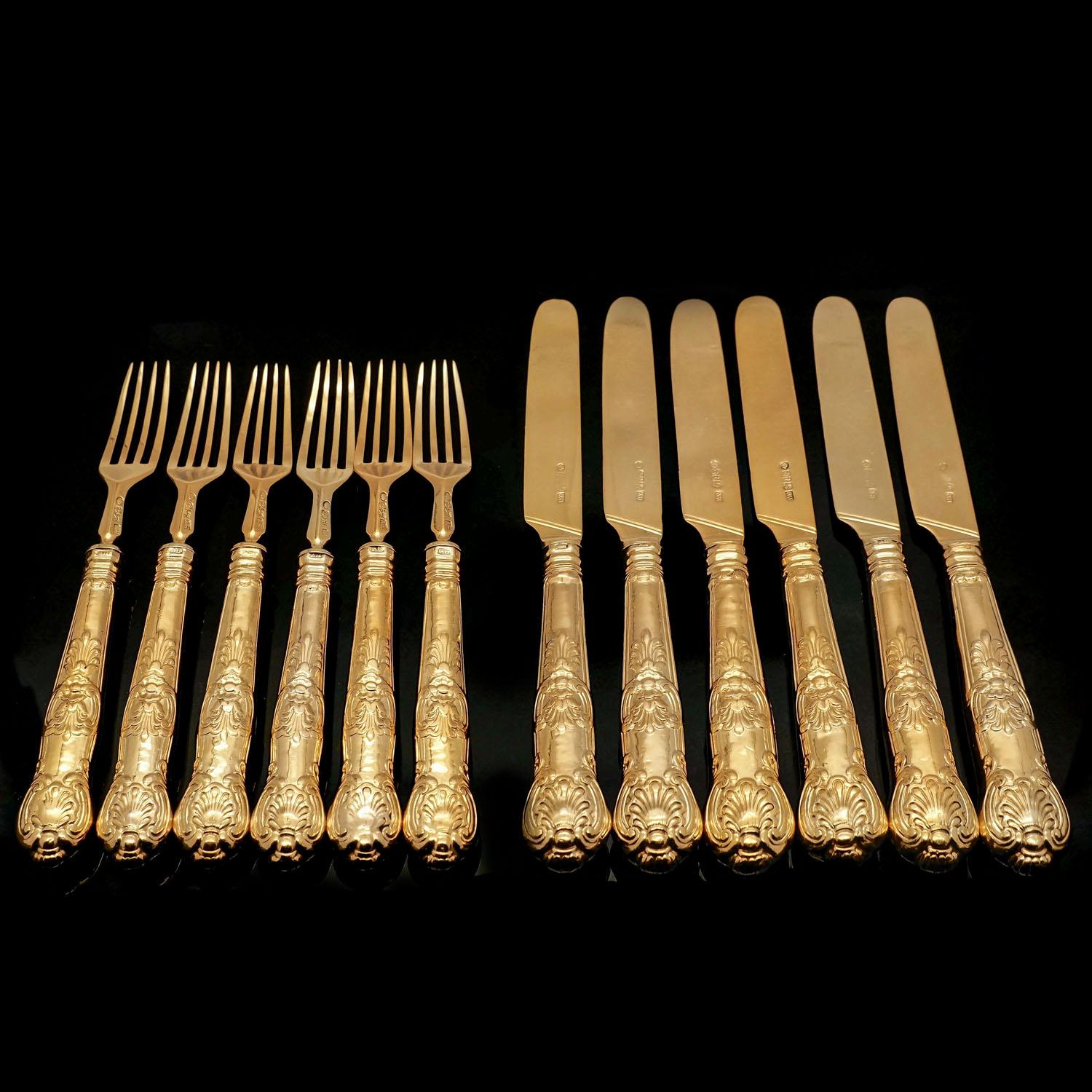 Antico set di 6 coltelli e forchette da frutta/dessert in argento massiccio vittoriano dorato, 1839 in vendita 1