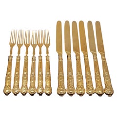 Antico set di 6 coltelli e forchette da frutta/dessert in argento massiccio vittoriano dorato, 1839