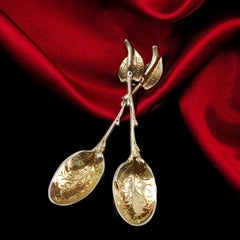 Antique Victorian Solid Silver Gilt Naturalistic Leaf Spoon Pair, 1842