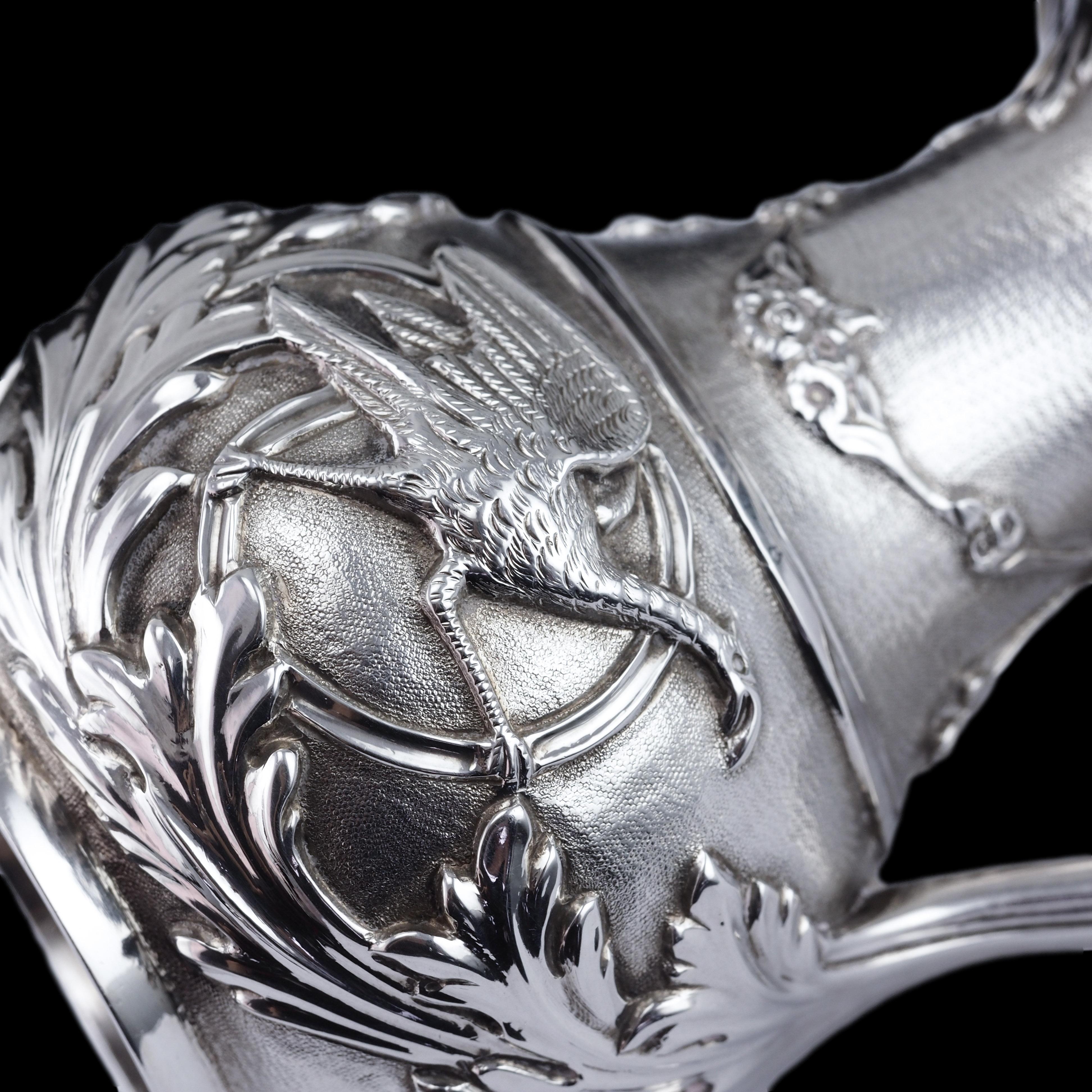 Antique Victorian Solid Silver Milk Pitcher Jug with Ornate Chased Design - 1863 For Sale 7