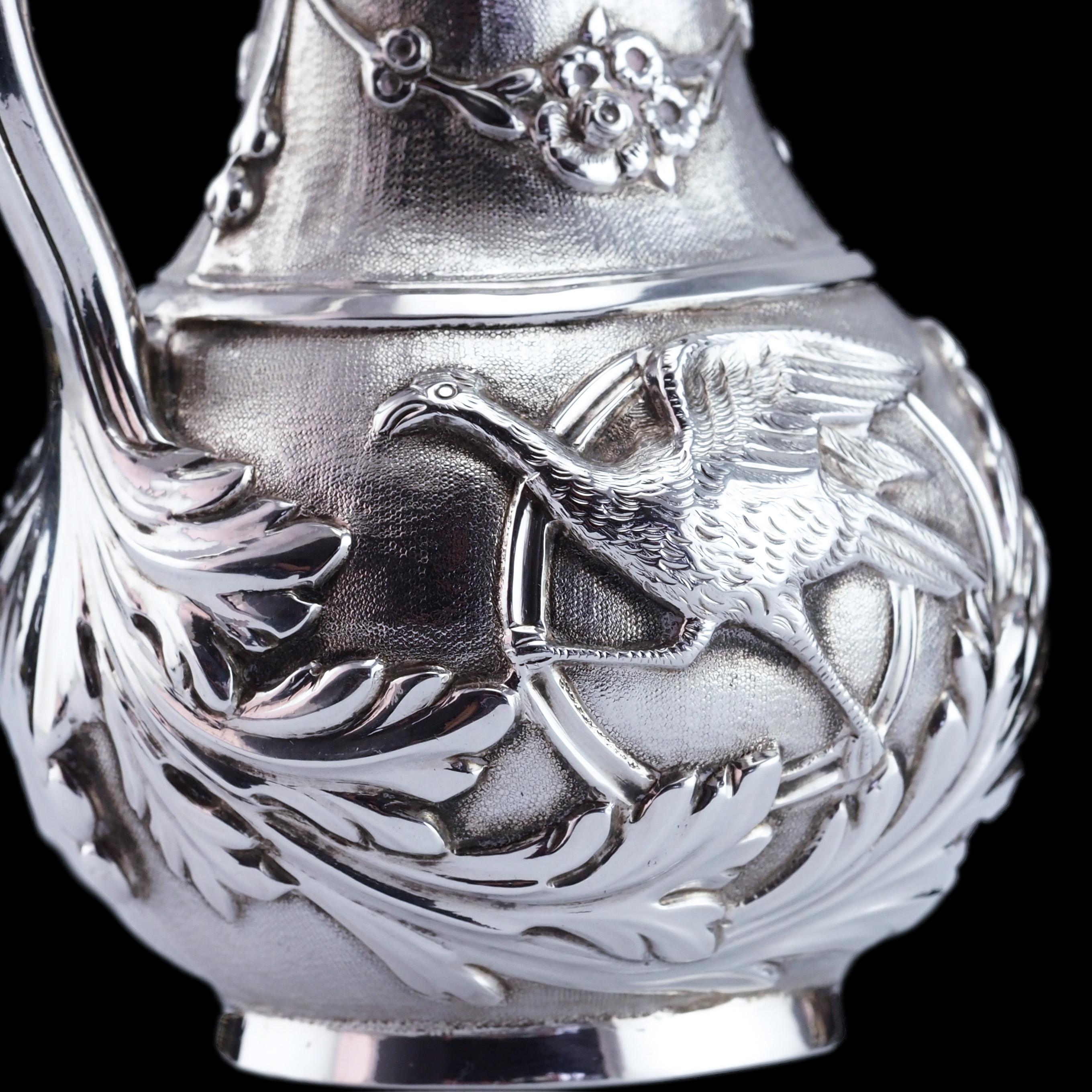 Antique Victorian Solid Silver Milk Pitcher Jug with Ornate Chased Design - 1863 For Sale 8