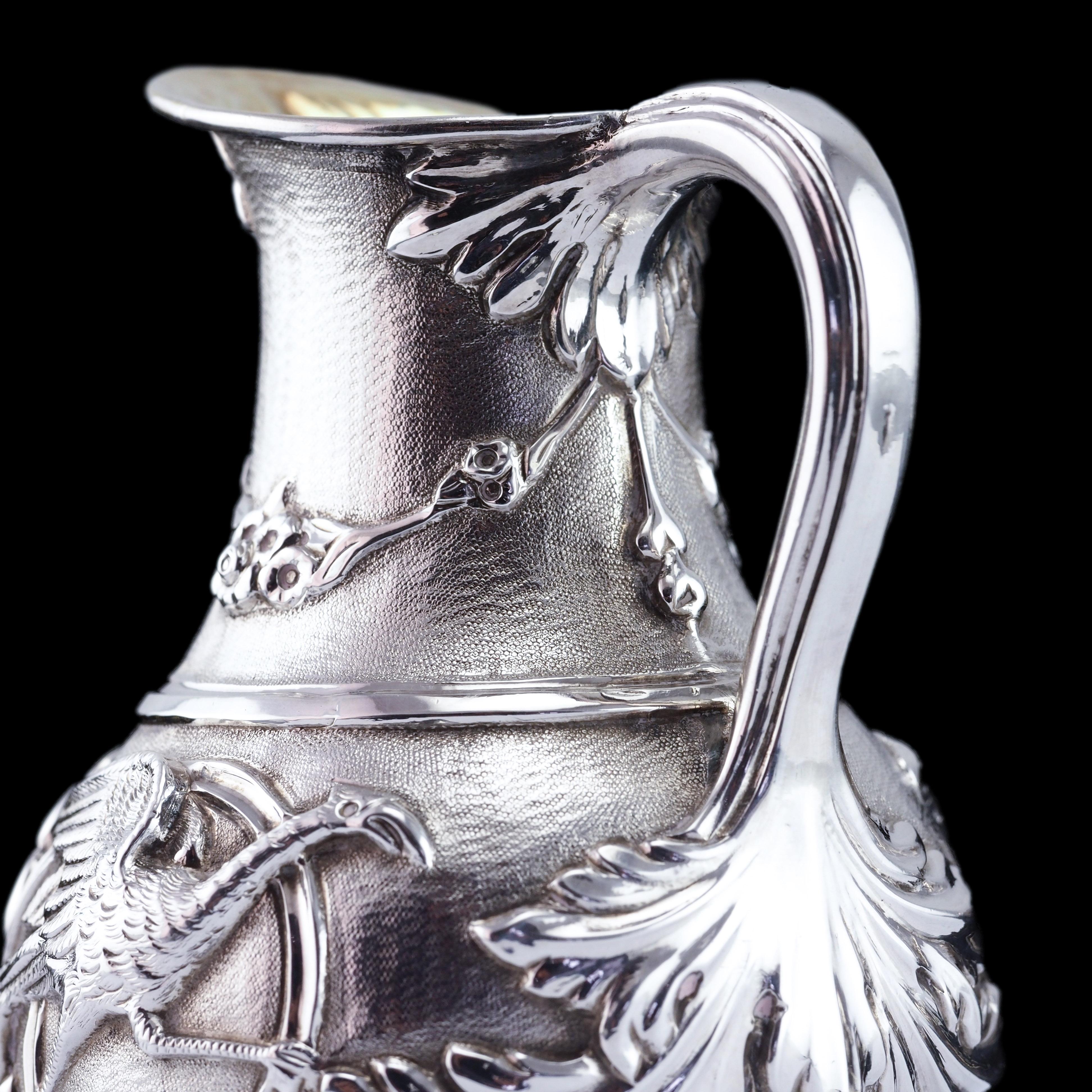 Antique Victorian Solid Silver Milk Pitcher Jug with Ornate Chased Design - 1863 For Sale 10
