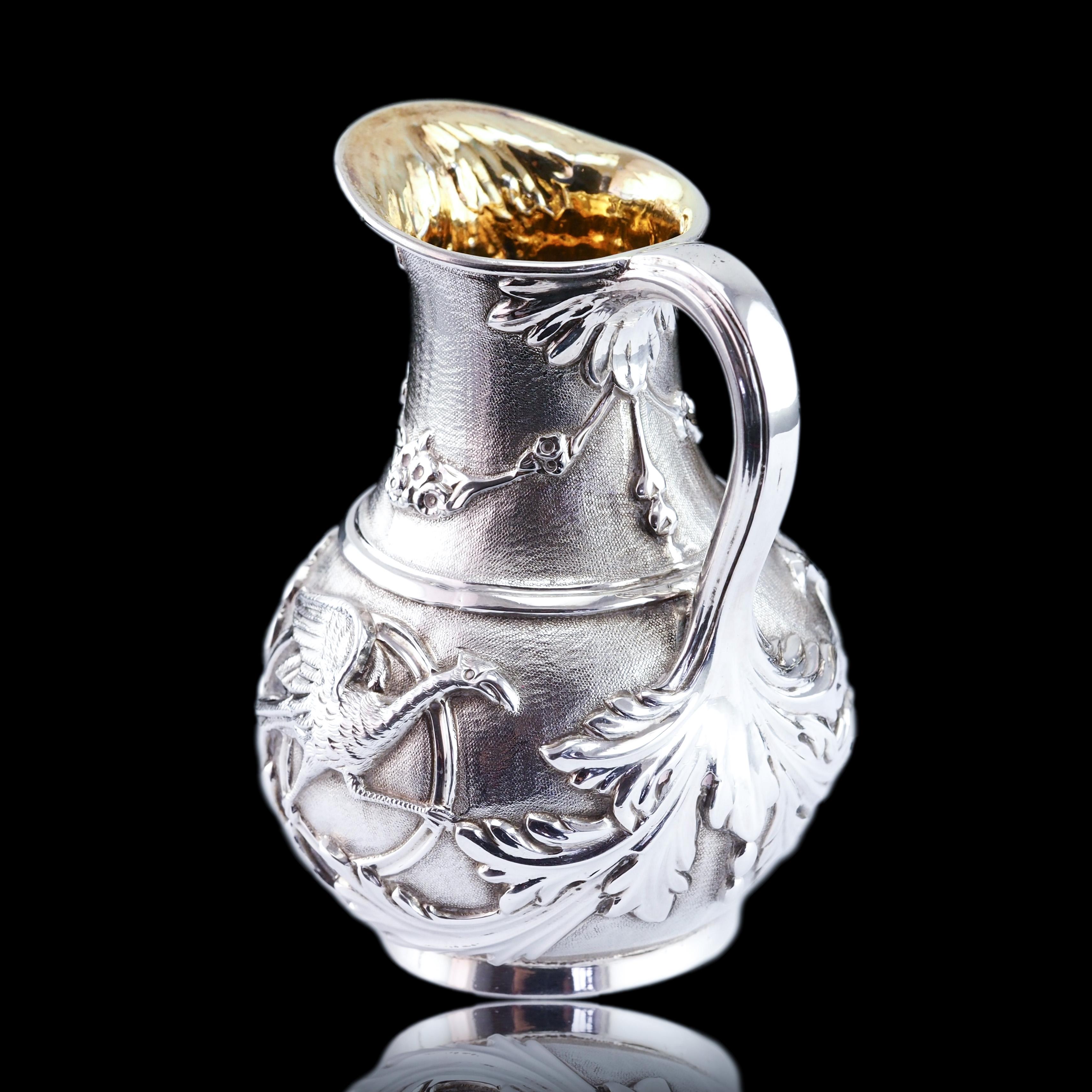Antique Victorian Solid Silver Milk Pitcher Jug with Ornate Chased Design - 1863 For Sale 13