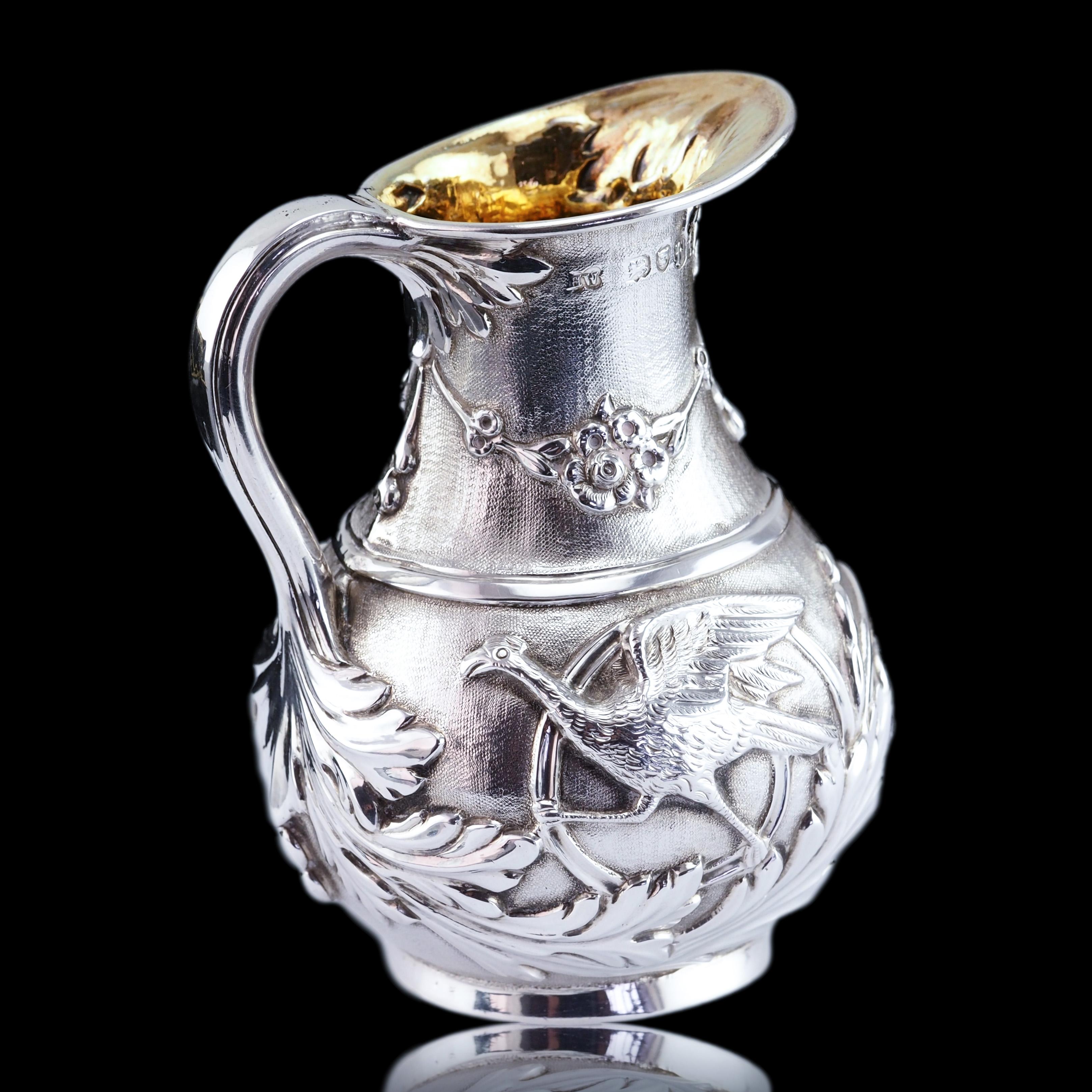 Antique Victorian Solid Silver Milk Pitcher Jug with Ornate Chased Design - 1863 For Sale 14