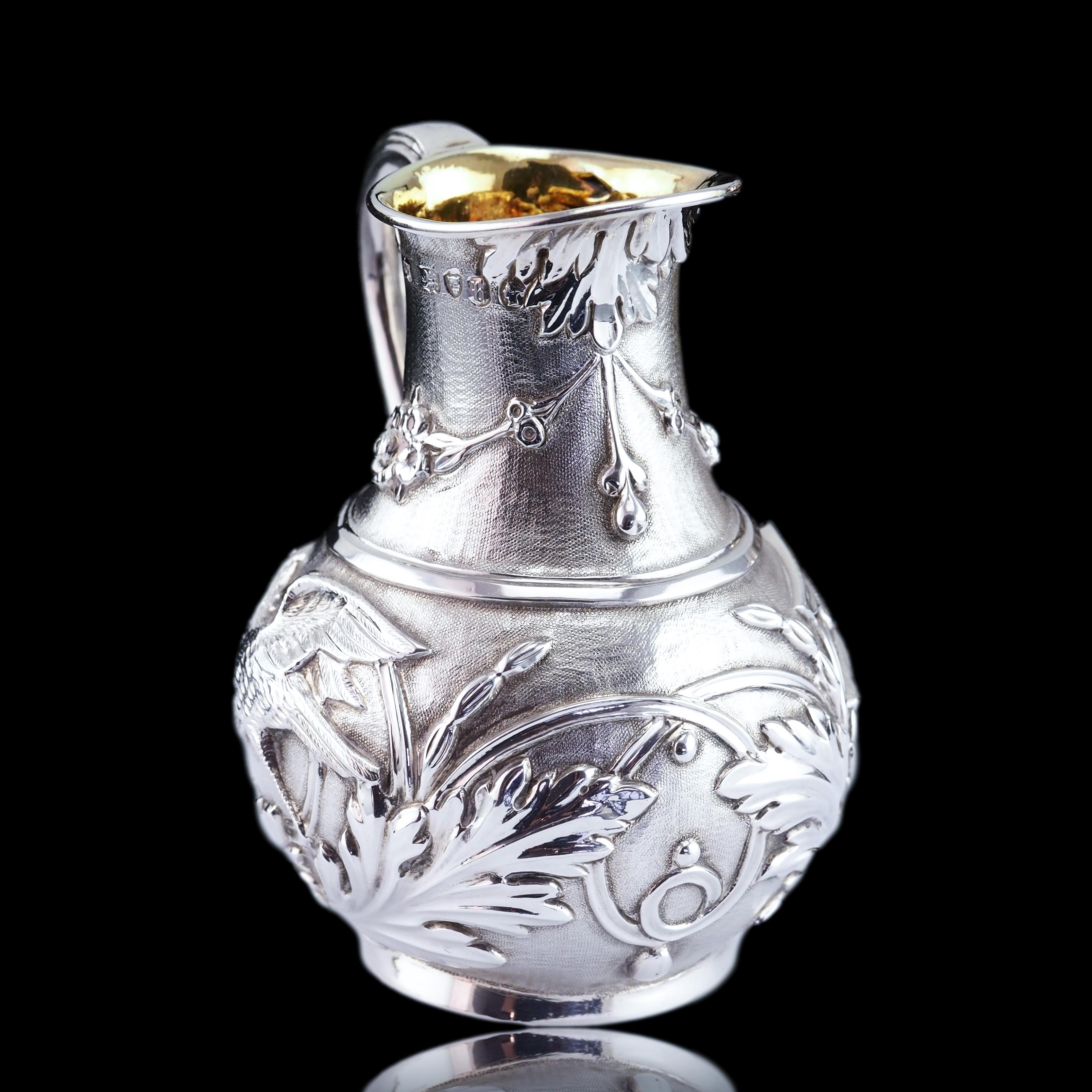 Antique Victorian Solid Silver Milk Pitcher Jug with Ornate Chased Design - 1863 For Sale 15
