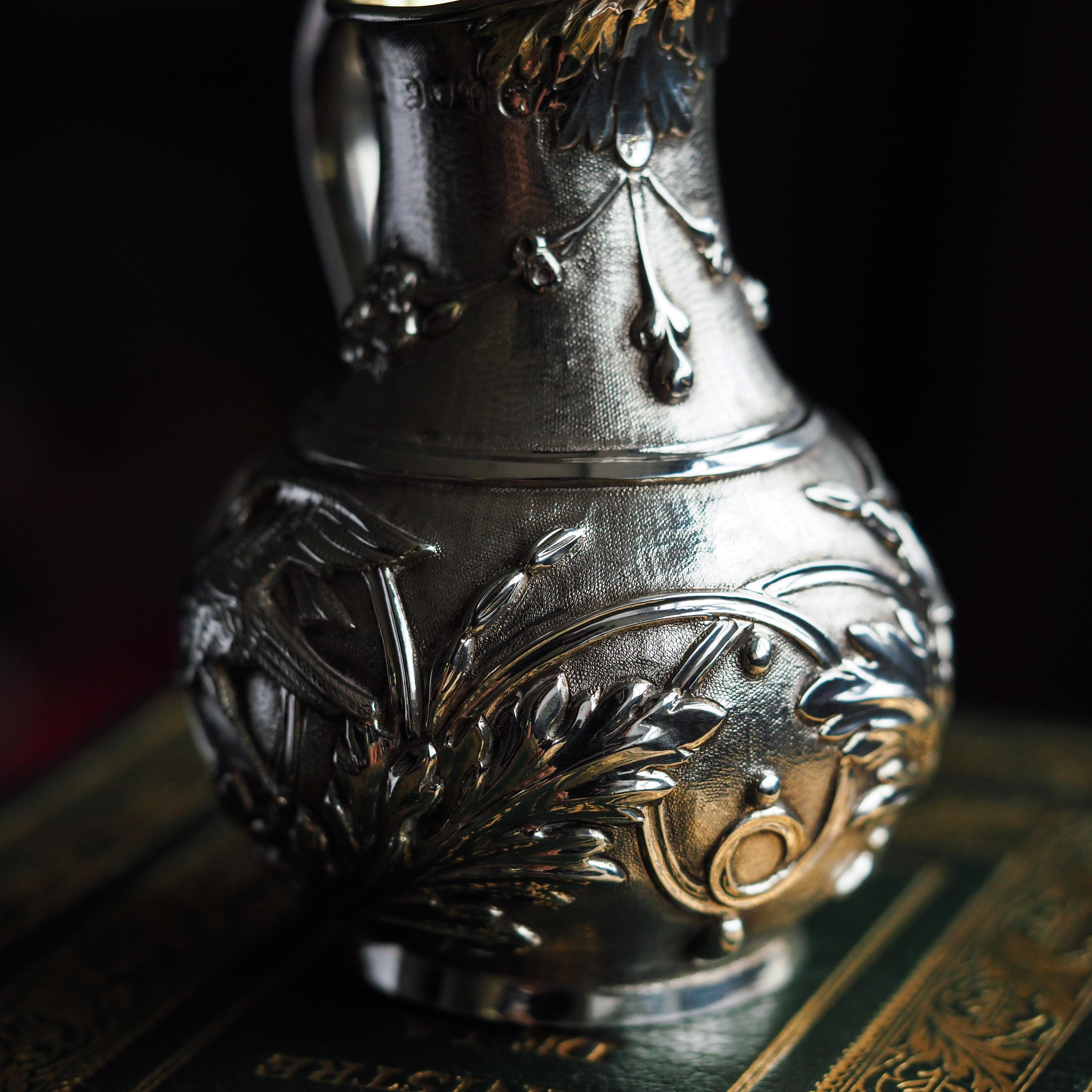 Antique Victorian Solid Silver Milk Pitcher Jug with Ornate Chased Design - 1863 In Good Condition For Sale In London, GB