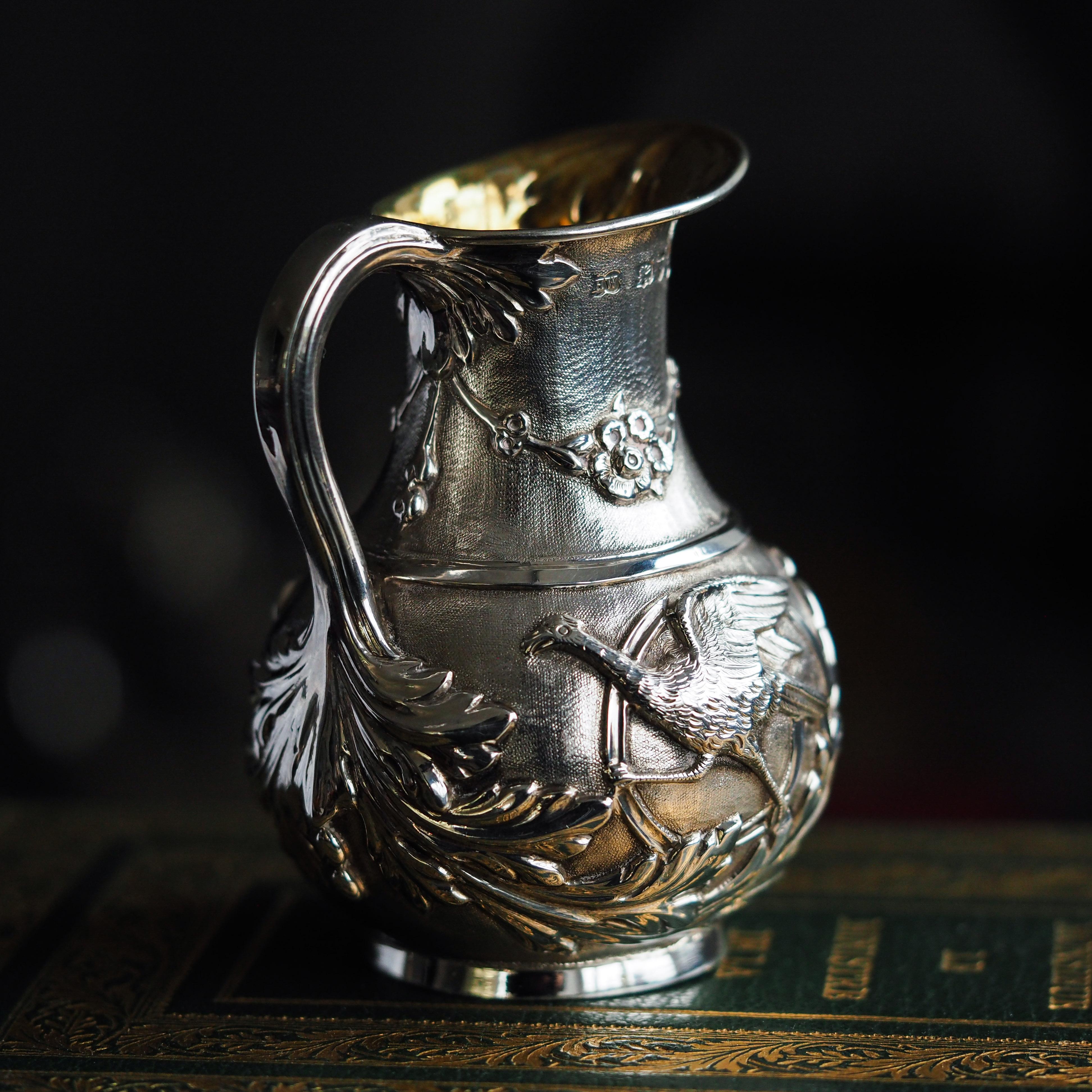 19th Century Antique Victorian Solid Silver Milk Pitcher Jug with Ornate Chased Design - 1863 For Sale