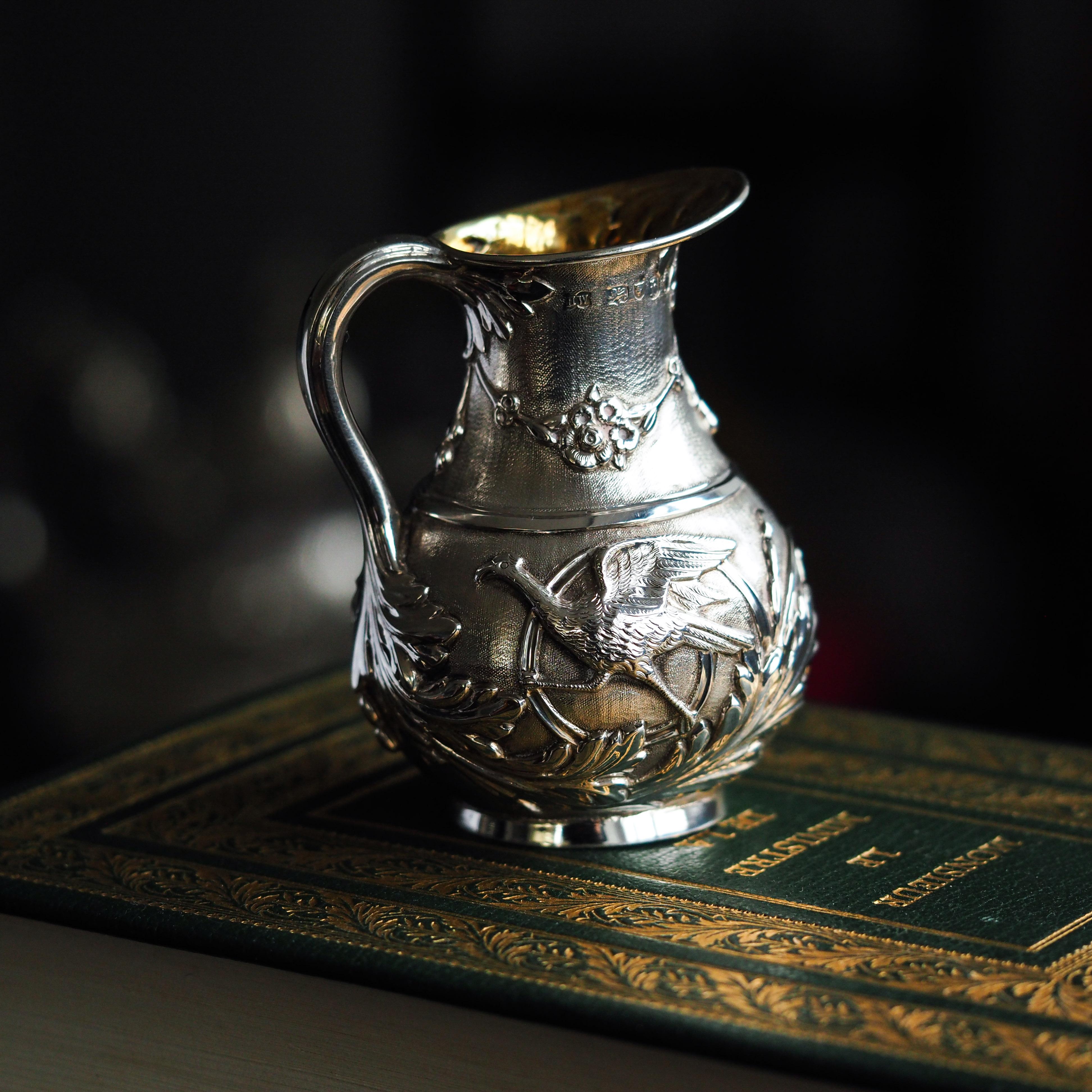 Sterling Silver Antique Victorian Solid Silver Milk Pitcher Jug with Ornate Chased Design - 1863 For Sale