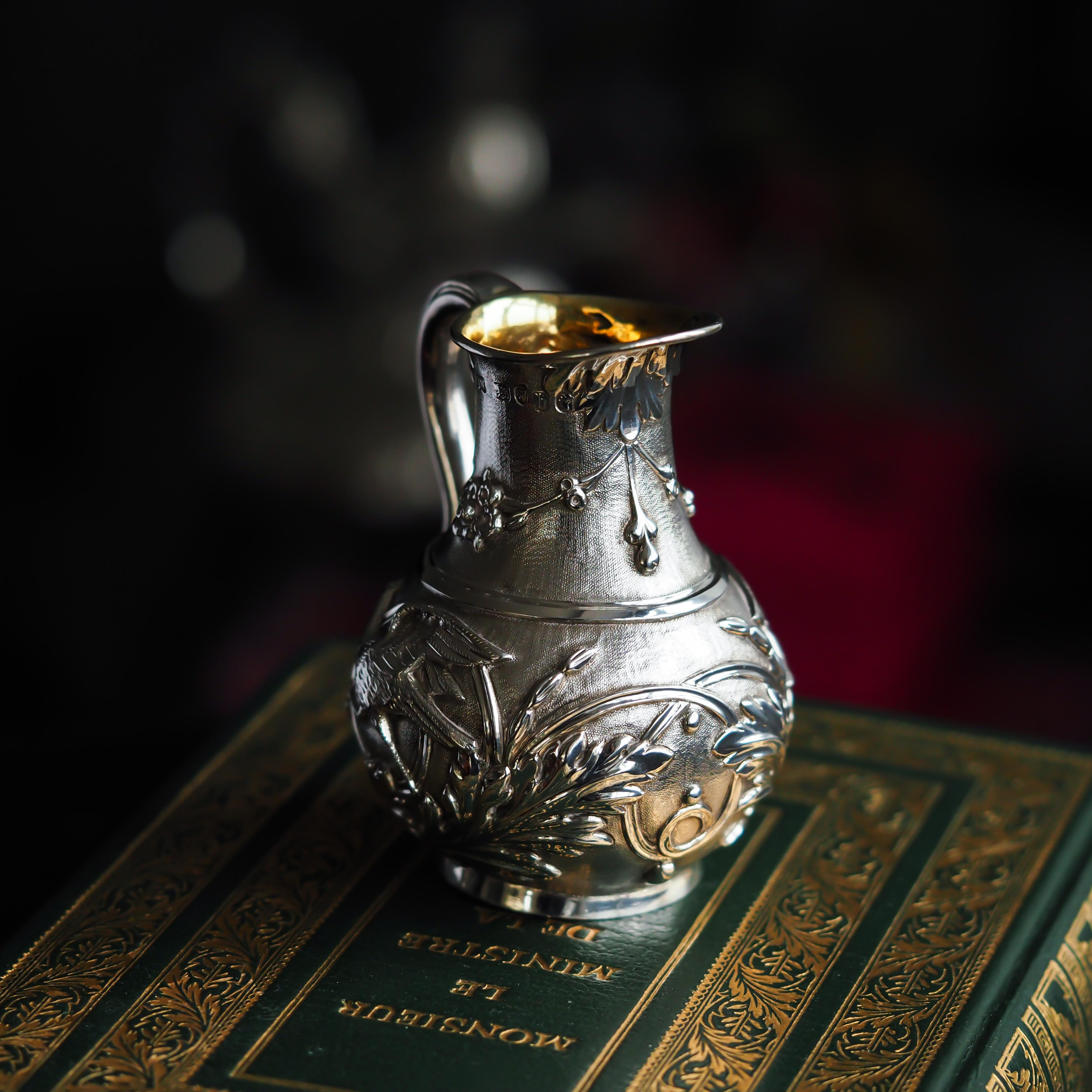 Antique Victorian Solid Silver Milk Pitcher Jug with Ornate Chased Design - 1863 For Sale 1